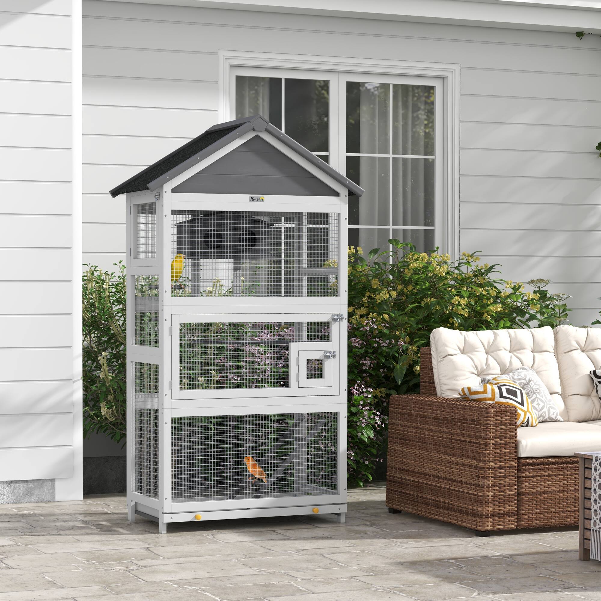 Angle. Pawhut - Wooden Bird Aviary, 67" Outdoor Bird Cage with Slide-Out Tray, Three Doors, Birdhouse, Ladder, Perches.