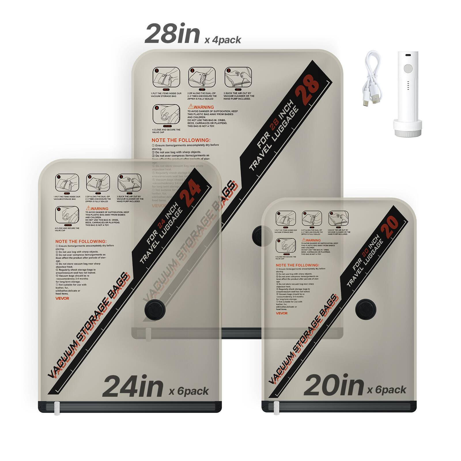 28in x 4pack  
28in x 6pack  
20in x 6pack  

WARNING - - - - -  
NOTE THE FOLLOWING:  
- Do not use the bag for storage of sharp objects.  
- Do not overfill the bag.  
- Do not compress the bag.  
- Do not use the bag for storage of liquids.  
- Do not use the bag for storage of perishable items.  
- Do not use the bag for storage of items that may cause the bag to burst.  
- Do not use the bag for storage of items that may cause the bag to leak.  
- Do not use the bag for storage of items that may cause the bag to tear.  
- Do not use the bag for storage of items that may cause the bag to puncture.  
- Do not use the bag for storage of items that may cause the bag to rip.  
- Do not use the bag for storage of items that may cause the bag to tear.  
- Do not use the bag for storage of items that may cause the bag to puncture.  
- Do not use the bag for storage of items that may cause the bag to tear.  
- Do not use the bag for storage of