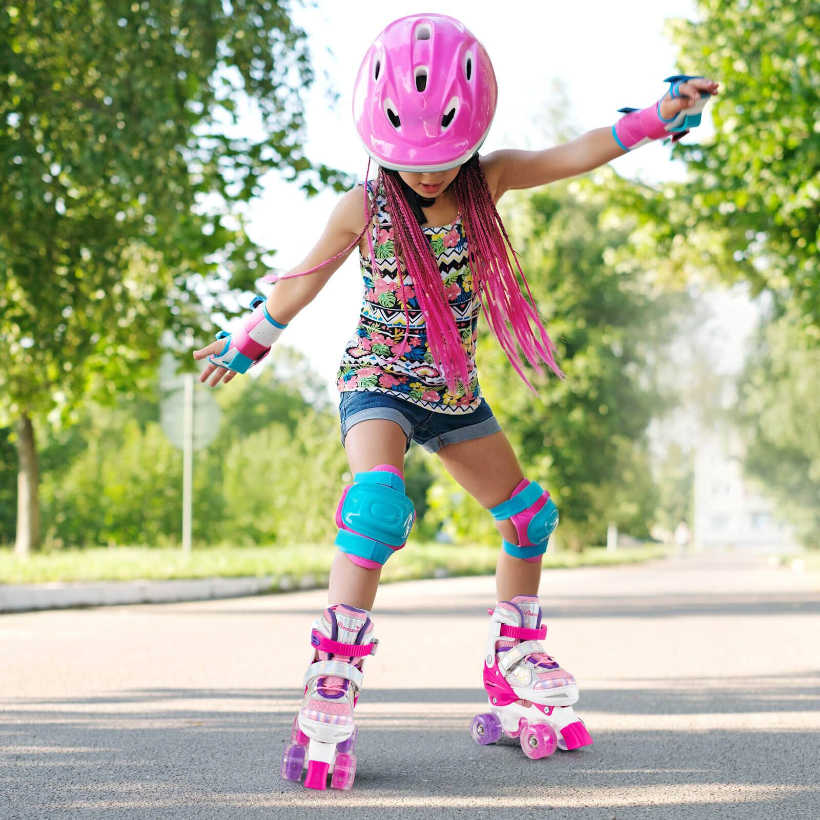 Alt View 3. Costway - Costway Kids Roller Skates 4 Sizes Adjustable Quad Skates with Light-up Wheels for Ages 5-8 - Rose Red.