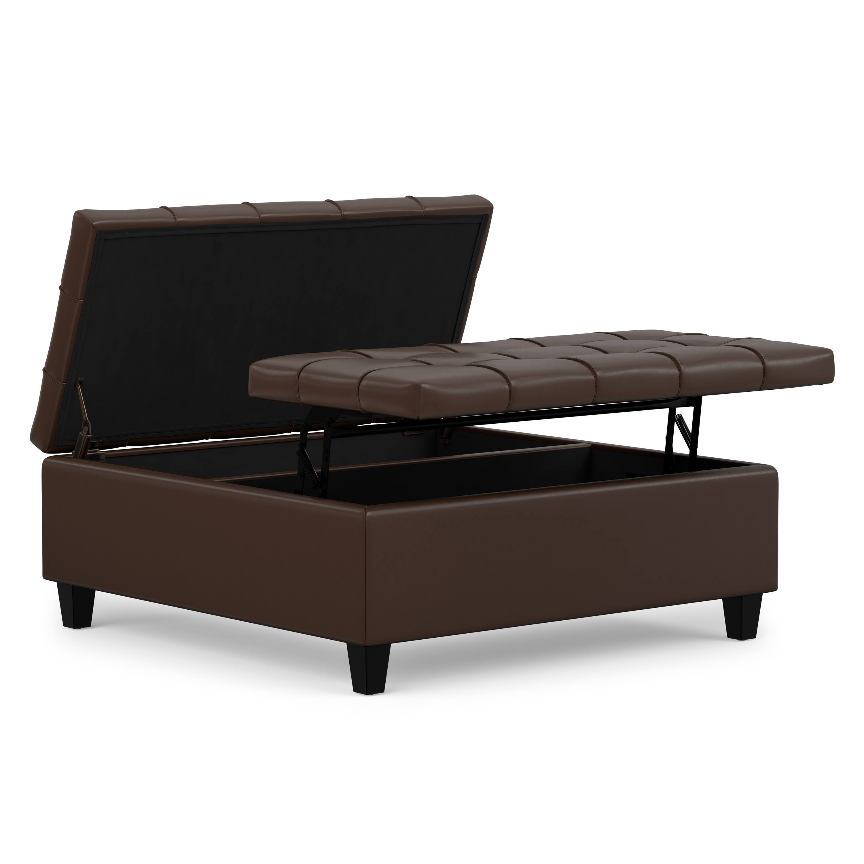 Front. Simpli Home - Harrison 40 inch Wide Large Square Coffee Table Storage Ottoman in Chocolate Brown Vegan Leather - Chocolate Brown.