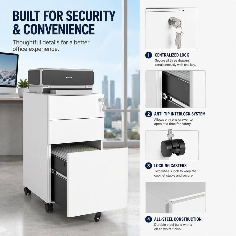 BUILT FOR SECURITY & CONVENIENCE  
Thoughtful details for a better office experience.

1. CENTRALIZED LOCK  
Secure all three drawers simultaneously with one key.

2. ANTI-TIP INTERLOCK SYSTEM  
Allows only one drawer to open at a time for safety.

3. LOCKING CASTERS  
Two wheels lock to keep the cabinet stable and secure.

4. ALL-STEEL CONSTRUCTION  
Durable steel build with a clean white finish.