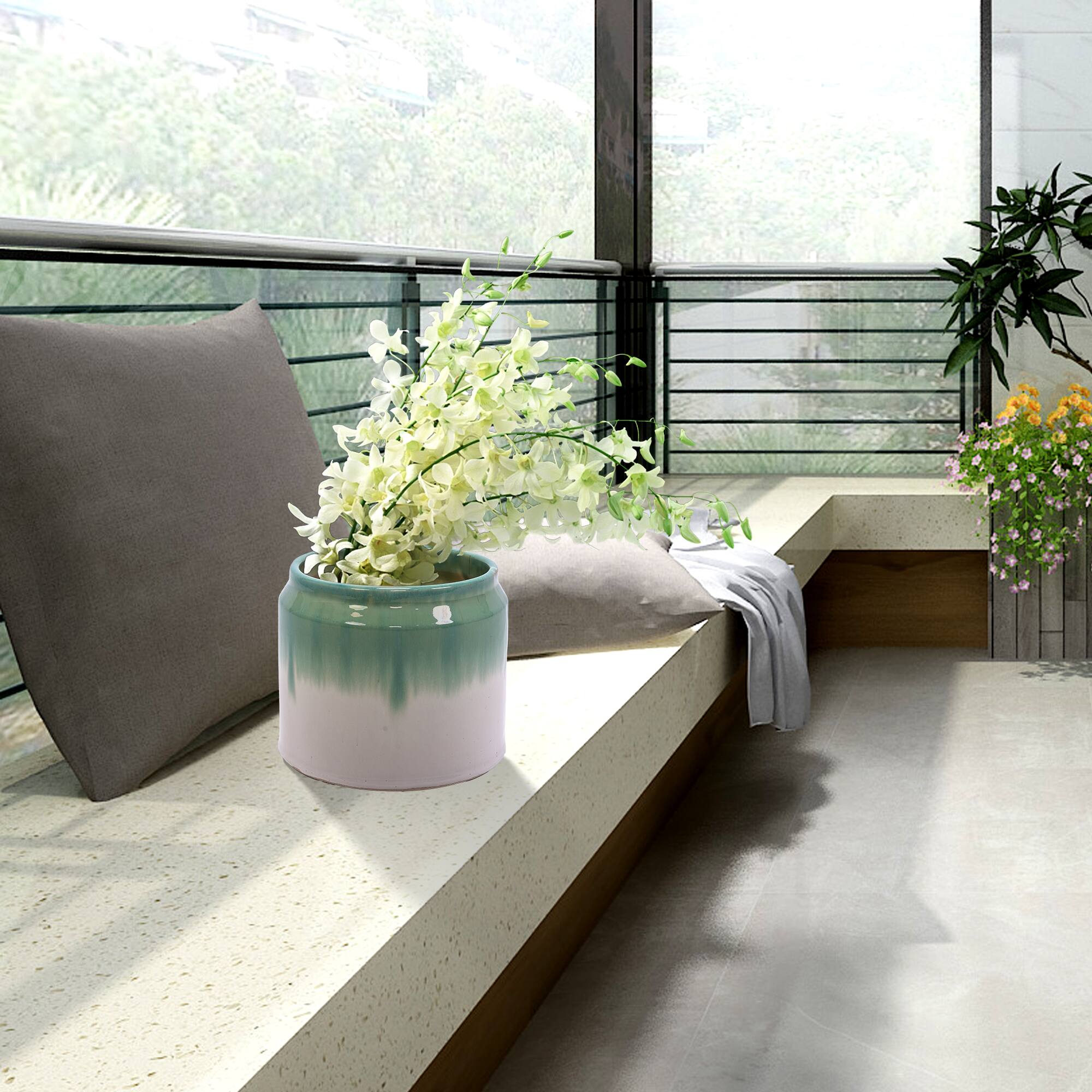 Alt View 1. Loheer - Loheer Ceramic Planter Set Handmade Set of Two Green White Ombre Shelf Tabletop Indoor Outdoor Pots.