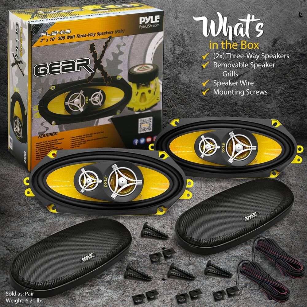 **ASMEWAL LAA PLG413 Speakers (Pair) 300 Watt Three-Way GEAR 4 x 10" CCCO GEAR PYLE PYLE PyleUSA.com**

**What's in the Box**
- (2x) Three-Way Speakers
- Removable Speaker Grills
- Speaker Wire
- Mounting Screws

**FEATURES:**
- Sold as: Pair
- Weight: 6.21 lbs.

**PYLE**
- PYLEUSA.com