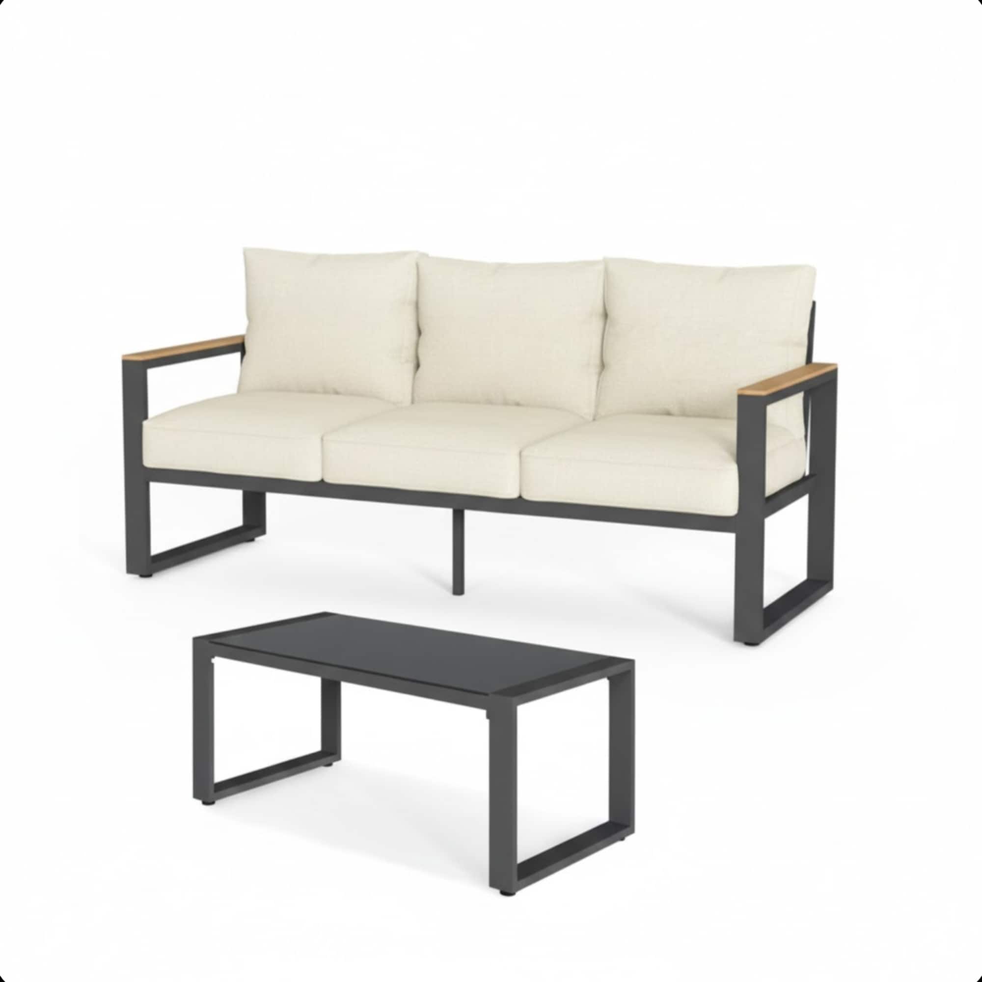 Mondawe - 2-Piece 3-Seat Outdoor Aluminum Sofa Couch Set with Cushions and Glass Coffee Table - Beige+Black