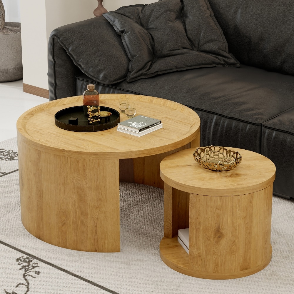 Loheer - Round Nesting Coffee Table Set of 2 Wood Top Minimalist Center Table for Living Room Small Space - Natural Wood