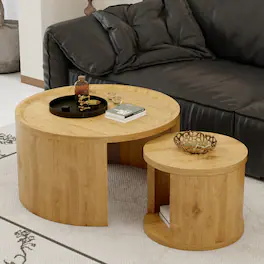 Loheer - Round Nesting Coffee Table Set of 2 Wood Top Minimalist Center Table for Living Room Small Space - Natural Wood