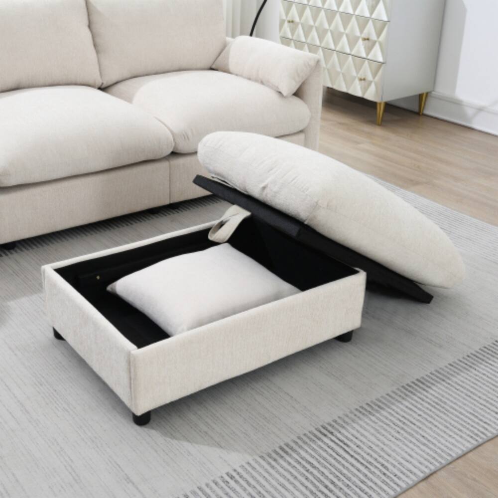 Alt View 5. LUCKY ONE - 96.5" L-Shape Chenille Sectional Sofa w/ Storage Ottoman USB Charger Phone Holder - Beige.