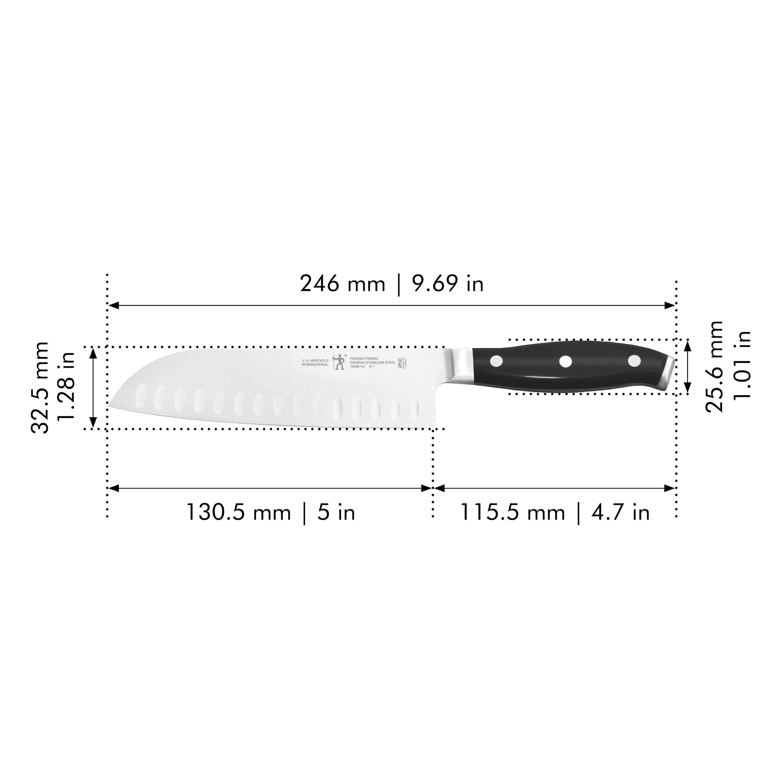 - Length: 246 mm | 9.69 in
- Width: 32.5 mm | 1.28 in
- Height: 25.6 mm | 1.01 in
- Blade Length: 130.5 mm | 5 in
- Handle Length: 115.5 mm | 4.7 in