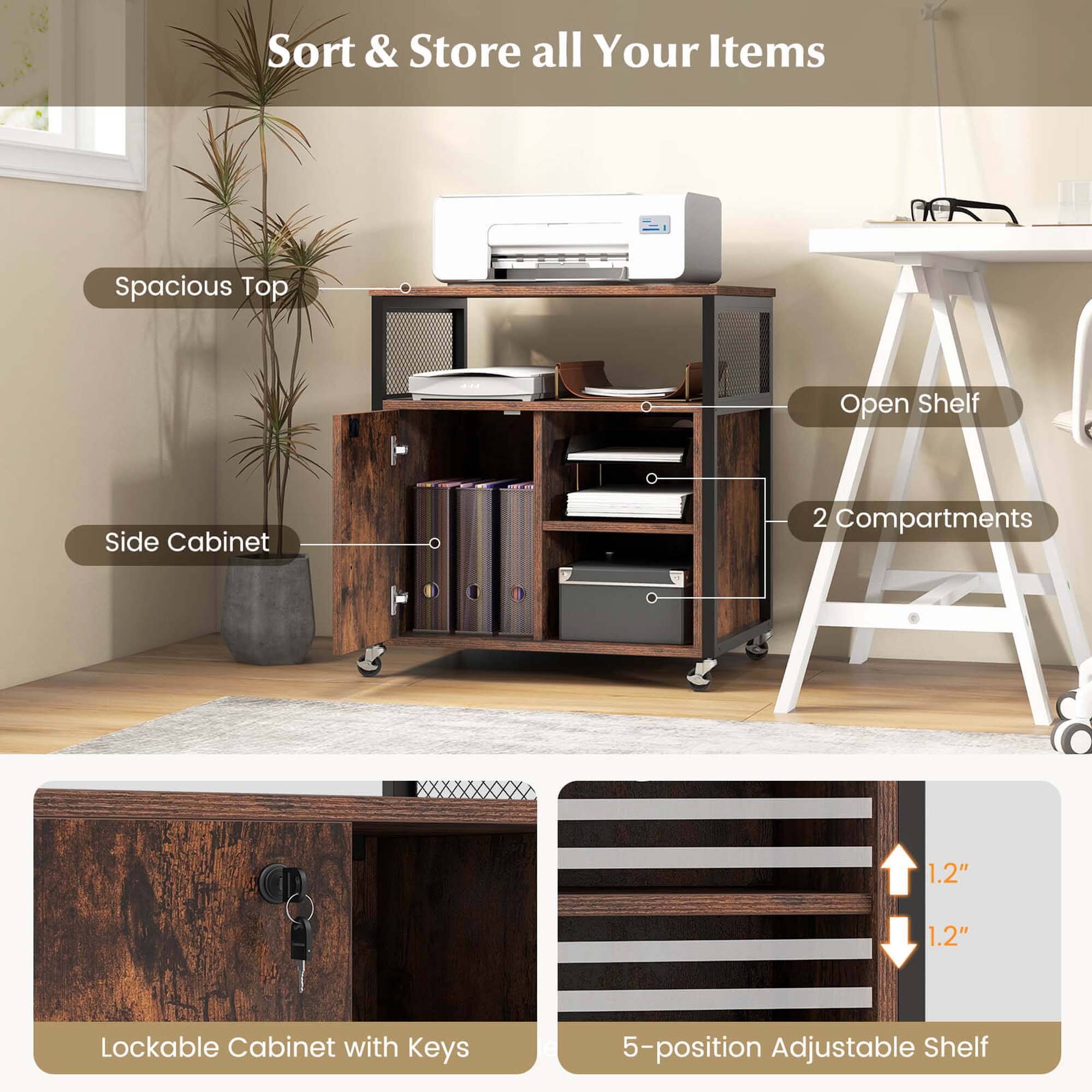 Sort & Store all Your Items

- Spacious Top
- Side Cabinet
- Open Shelf
- 2 Compartments
- Lockable Cabinet with Keys
- 5-position Adjustable Shelf
- 1.2" Adjustable Shelf