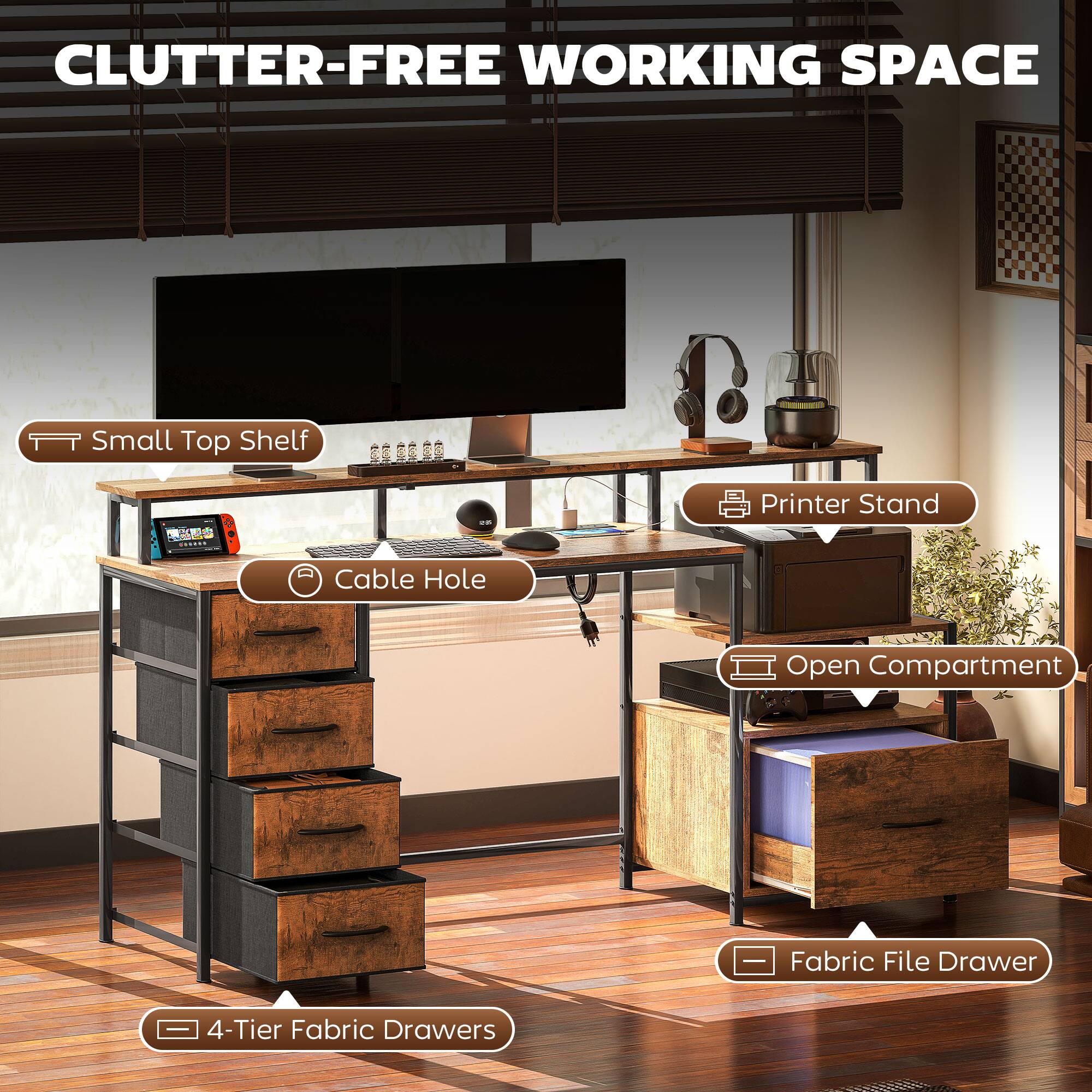 CLUTTER-FREE WORKING SPACE Small Top Shelf Printer Stand Cable Hole Open Compartment Fabric File Drawer - 4-Tier Fabric Drawers