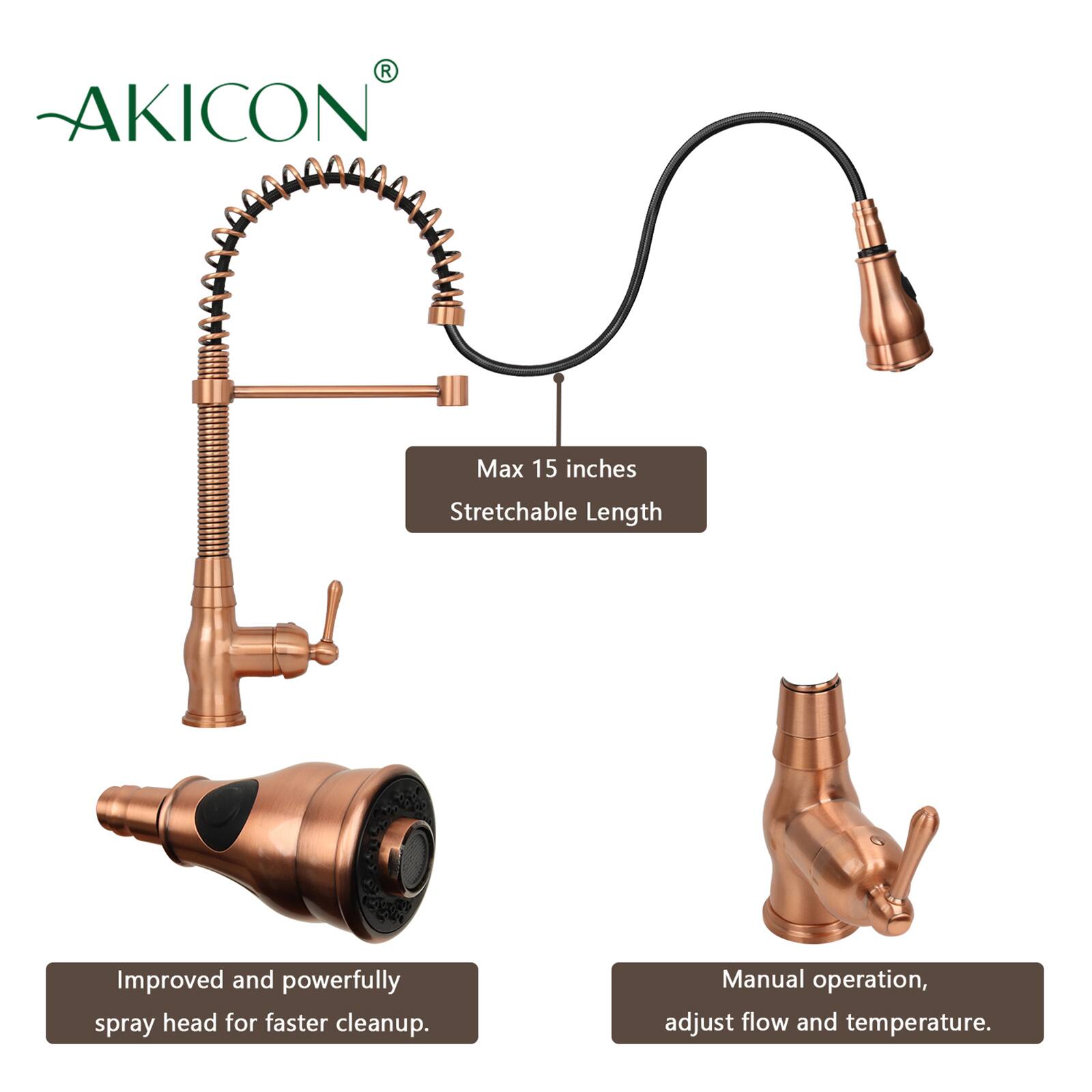 AKICON Max 15 inches Stretchable Length  
Improved and powerfully spray head for faster cleanup.  
Manual operation, adjust flow and temperature.