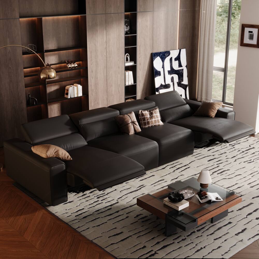 Angle. POVISON - 138.82" Power Modular Couch Electric Recliner Sofa, 2 Extendable Recliners, USB Charging Port, Living Room, Khaki - Black Sustainable Leather.