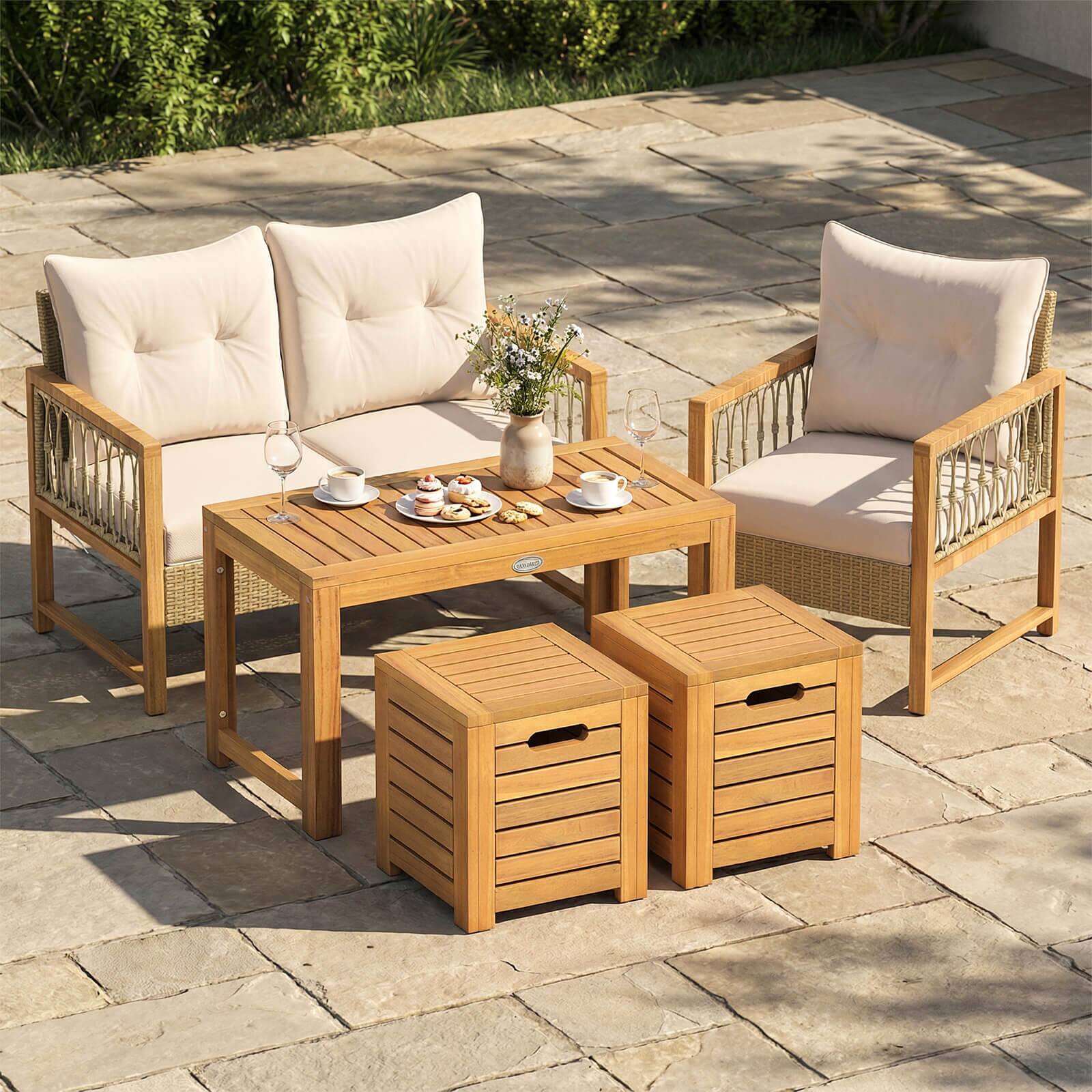 Alt View 4. Costway - Costway 3PCS Patio Rectangular Table and Stools Set with Hidden Storage Space for Balcony - Natural.