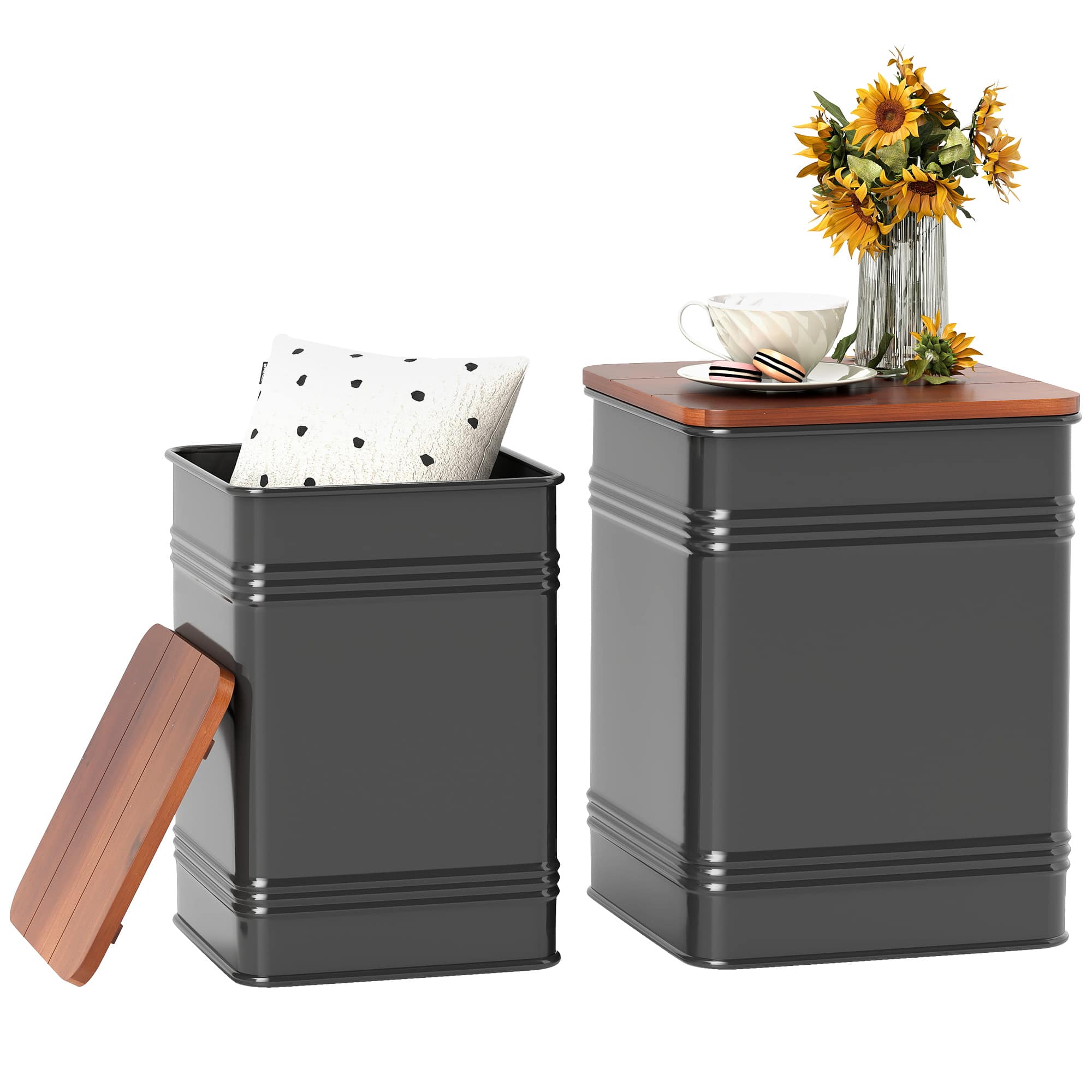 Homcom - Ottoman with Storage Set of 2, Industrial Accent Side Table with Removable Wood Lid, Nesting Ottomam for Living Room - Black