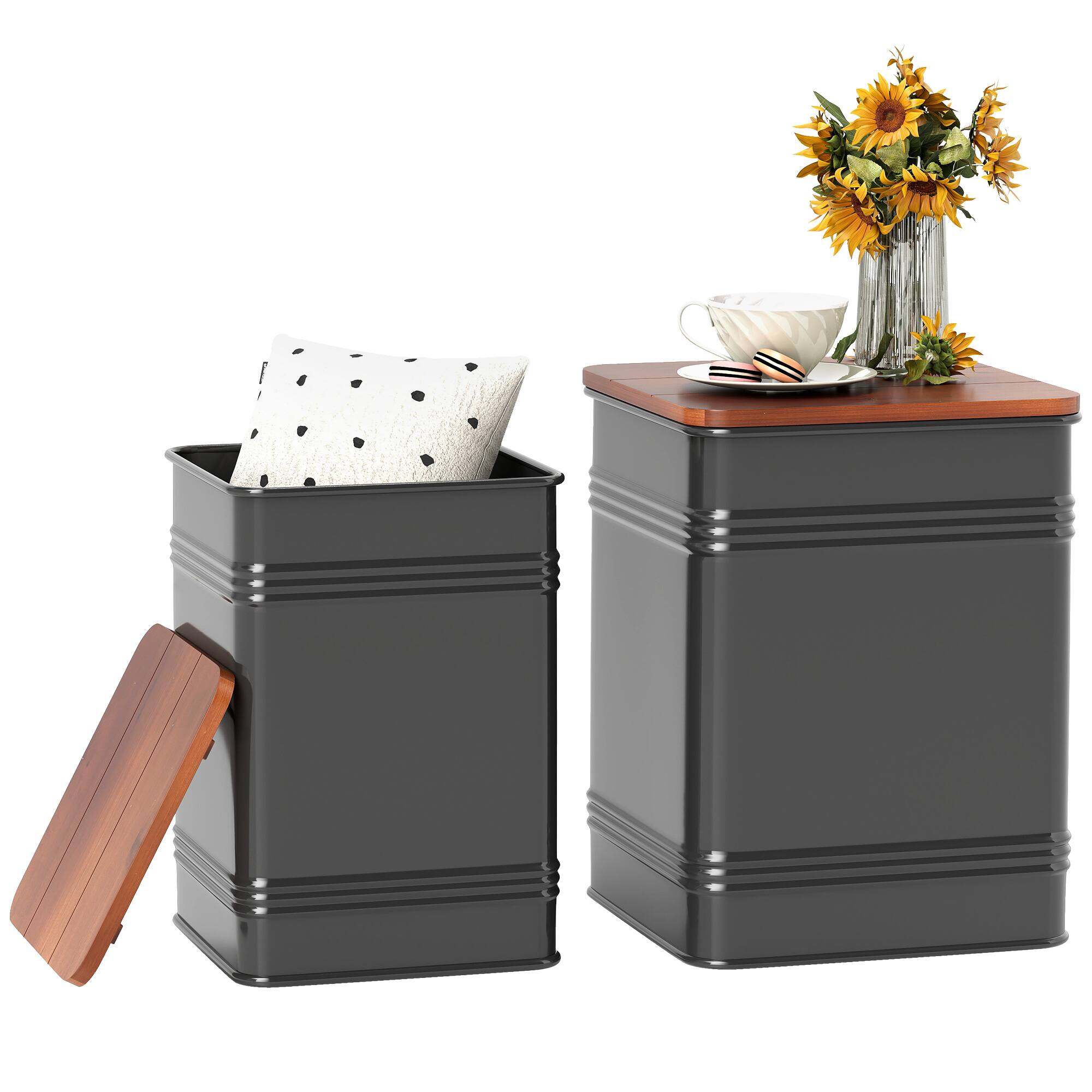 Homcom - Ottoman with Storage Set of 2, Industrial Accent Side Table with Removable Wood Lid, Nesting Ottomam for Living Room - Black
