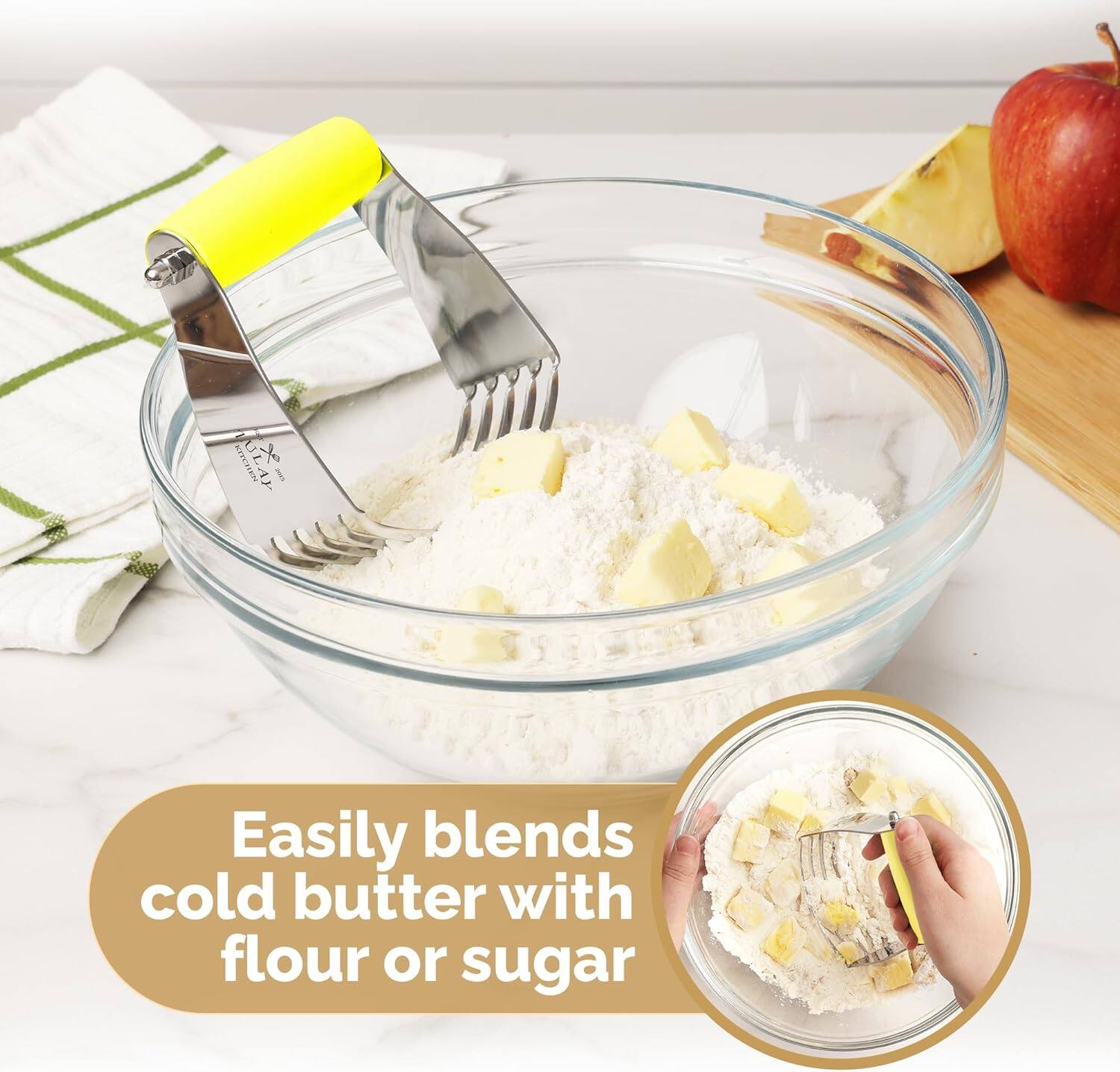 Easily blends cold butter with flour or sugar