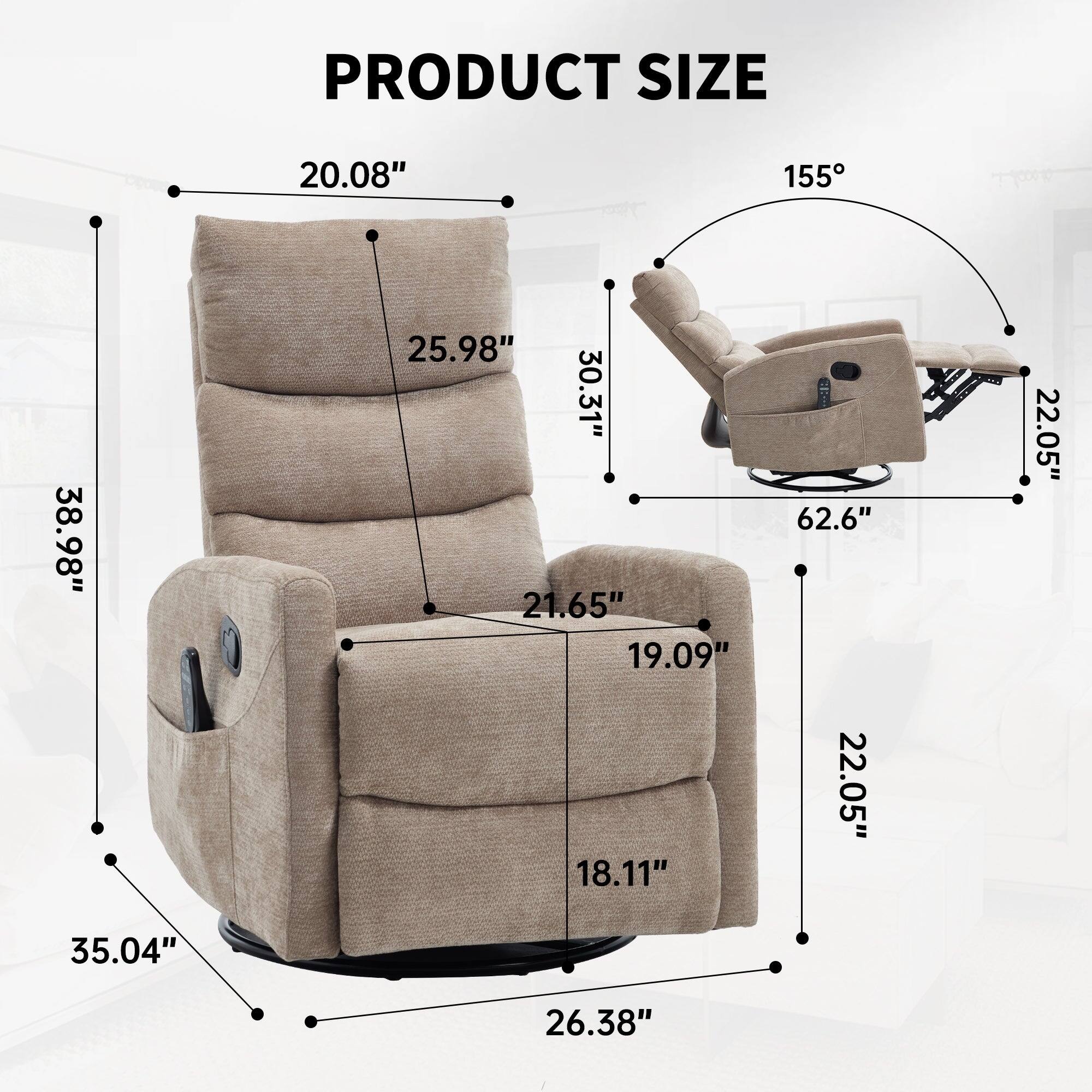 PRODUCT SIZE

- Height: 38.98"
- Width: 35.04"
- Depth: 26.38"
- Seat Height: 19.09"
- Seat Depth: 21.65"
- Armrest Height: 25.98"
- Back Height: 30.31"
- Reclining Angle: 155°
- Reclining Distance: 62.6"
- Armrest Width: 22.05"
- Base Width: 22.05"