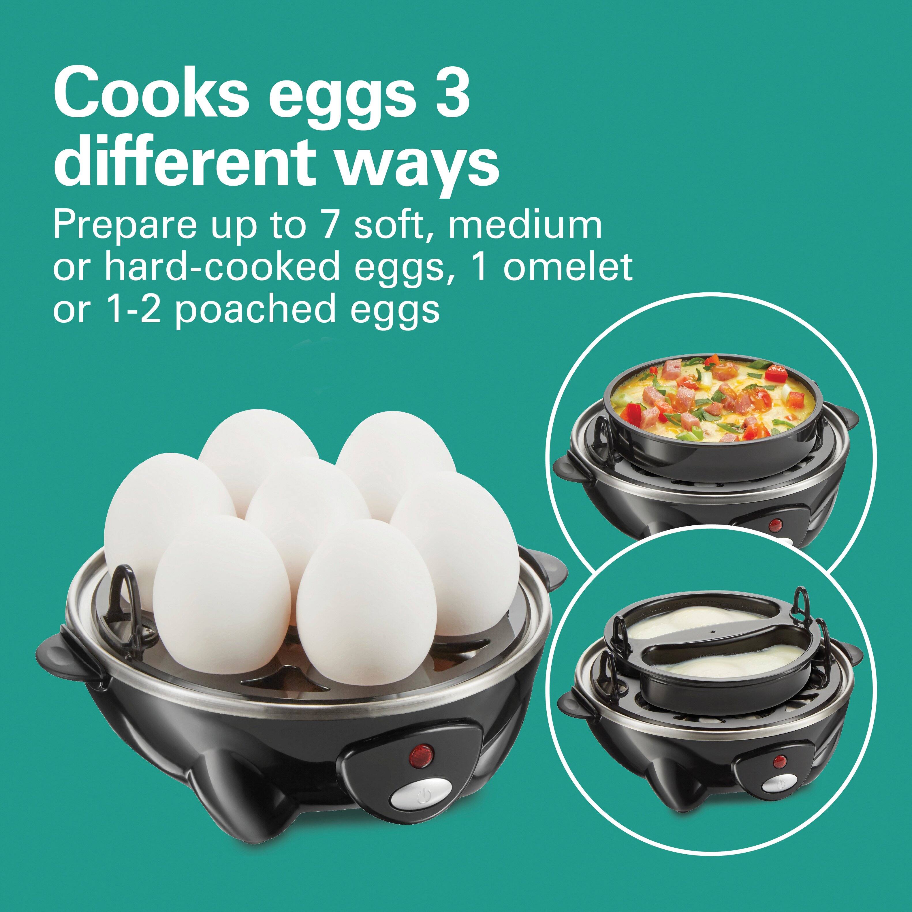 Cooks eggs 3 different ways  
Prepare up to 7 soft, medium or hard-cooked eggs, 1 omelet or 1-2 poached eggs
