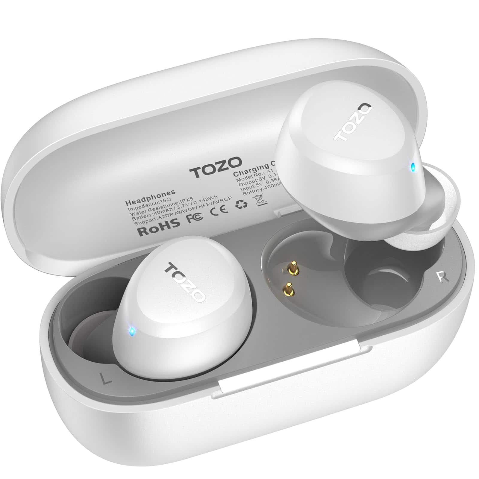 TOZO Charging Case Model No.: A1 0.1 38
Output: 5V 0.1A
Headphones
Battery: 400mAh
WaterResistance: IPX5
3.7V/GAVDPI
Support: A2DP/AVRCP
148Wn
CE
FC
RoHS
TOZO
TOZO R