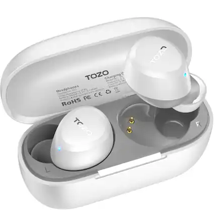 TOZO Charging Case Model No.: A1 0.1 38
Output: 5V 0.1A
Headphones
Battery: 400mAh
WaterResistance: IPX5
3.7V/GAVDPI
Support: A2DP/AVRCP
148Wn
CE
FC
RoHS
TOZO
TOZO R