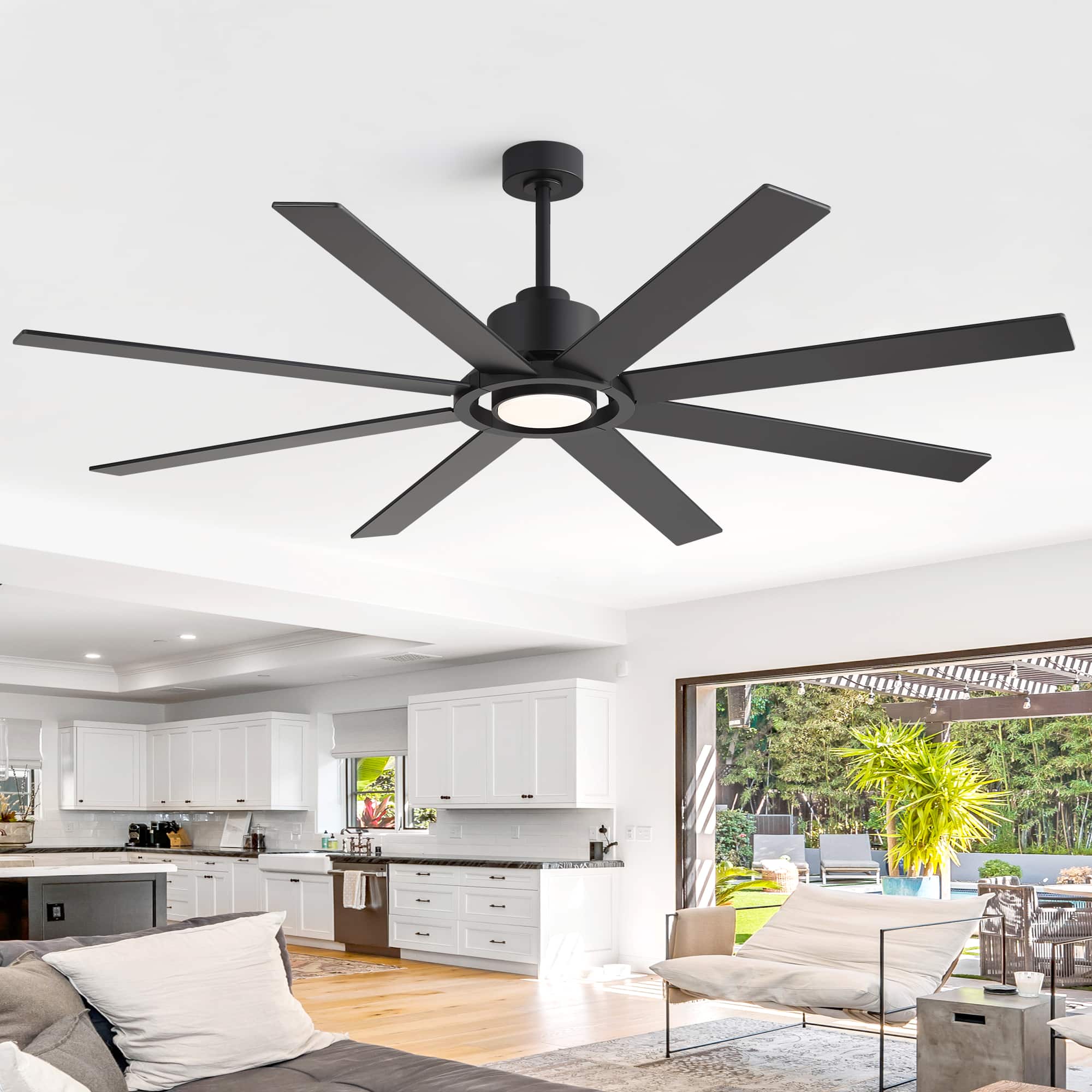 Breezary - 72-Inch Modern Ceiling Fan, Dimmable LED, 8 Plywood Blades, Efficient DC Motor, 6 Speeds, Timer, Remote - All Black