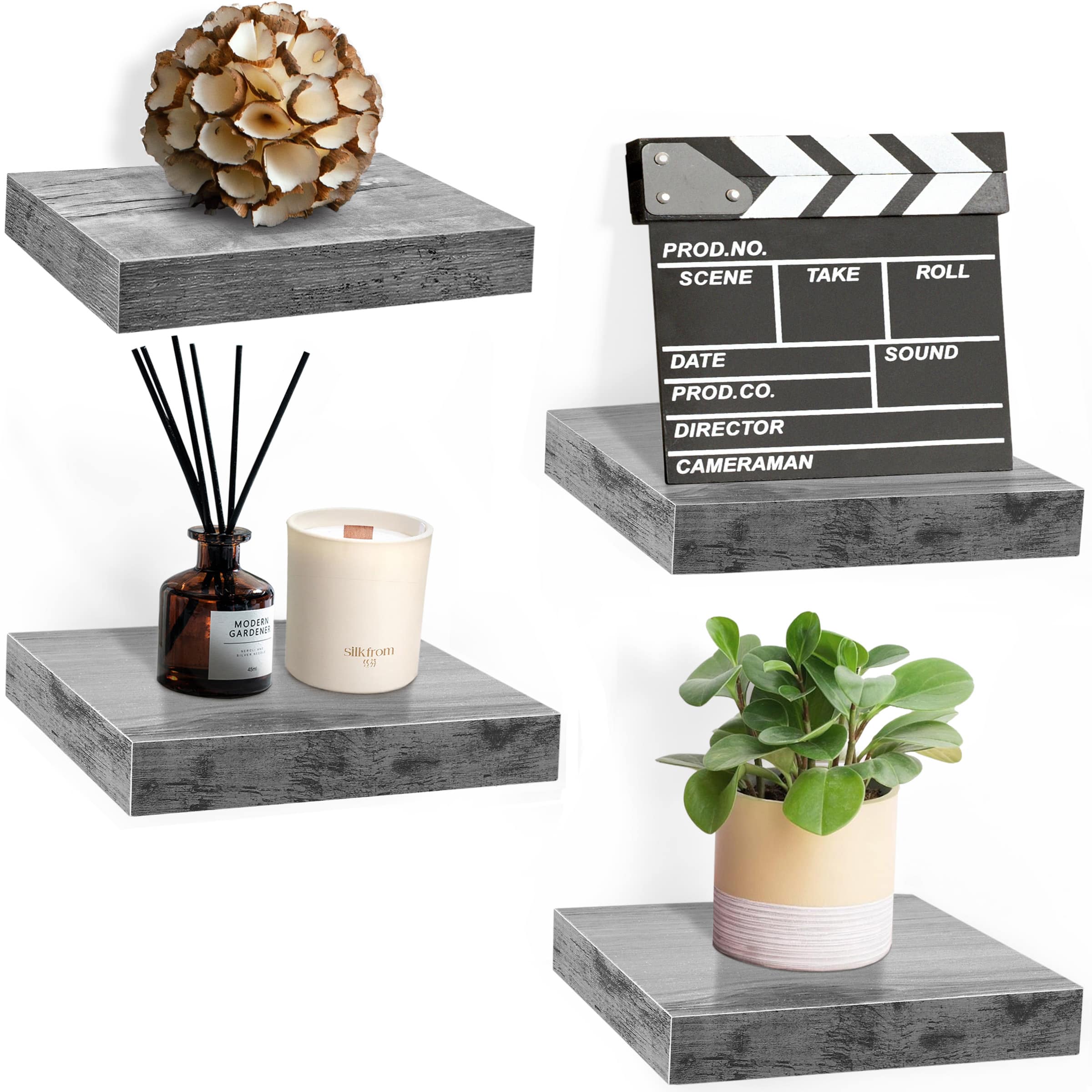 Sorbus - 9 Inch 4 Pack Wall Mounted Floating Square Shelves - for Bedroom, Kitchen, Living Room, Bathroom - Gray