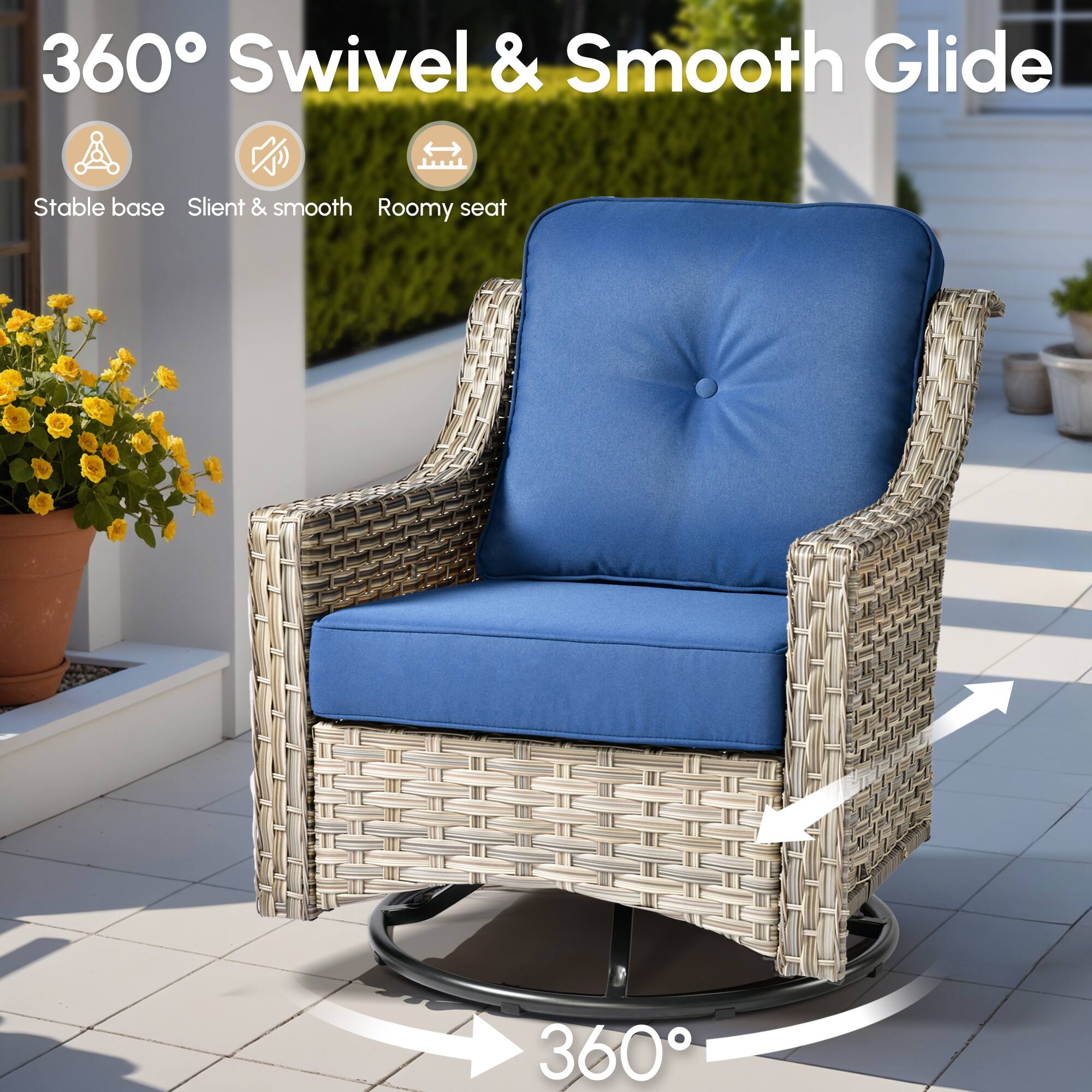 360° Swivel & Smooth Glide

- Stable base
- Silent & smooth
- Roomy seat

360°