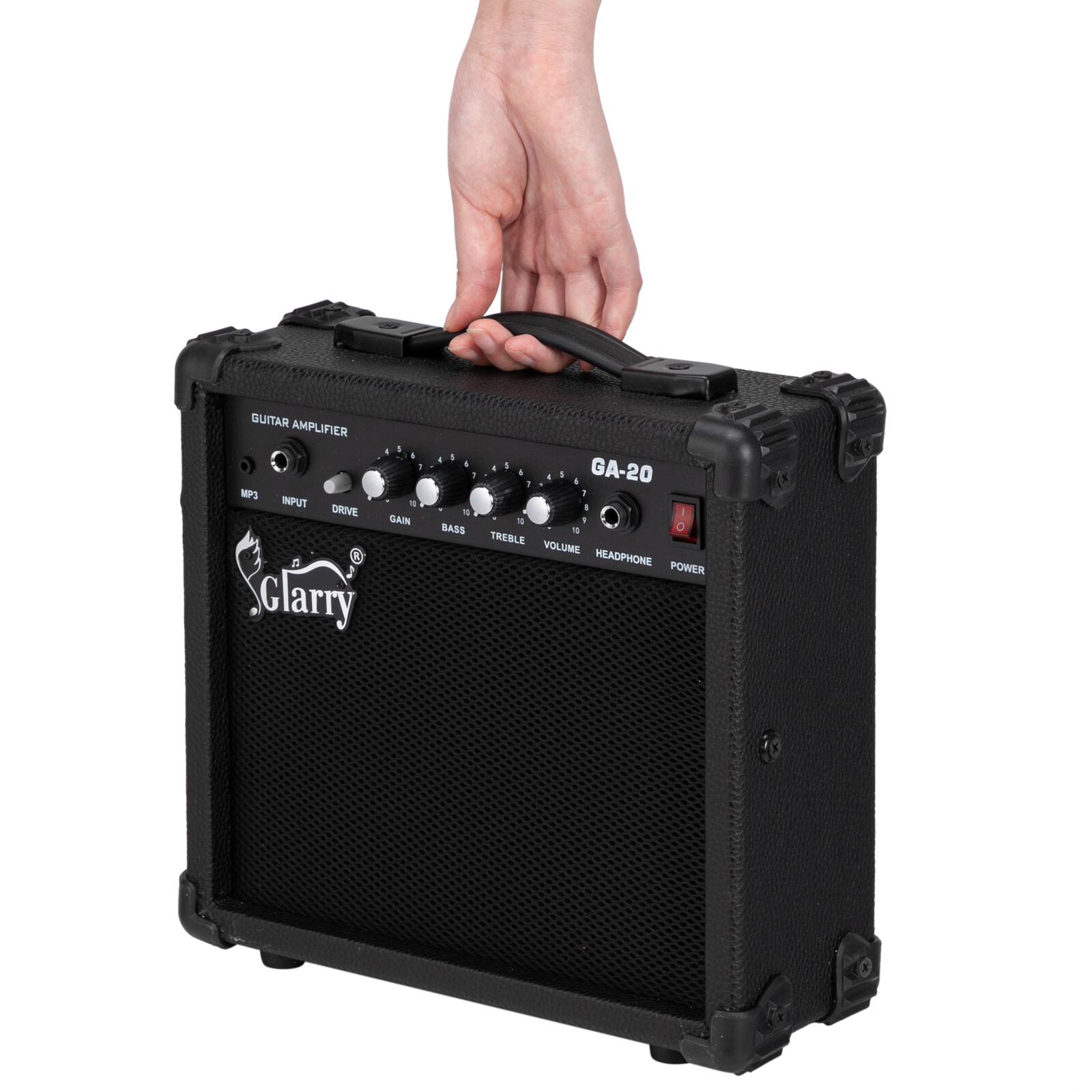 GUITAR AMPLIFIER  
GA-20  
Clarry  

MP3 INPUT  
DRIVE  
GAIN  
BASS  
TREBLE  
VOLUME  
HEADPHONE  
POWER