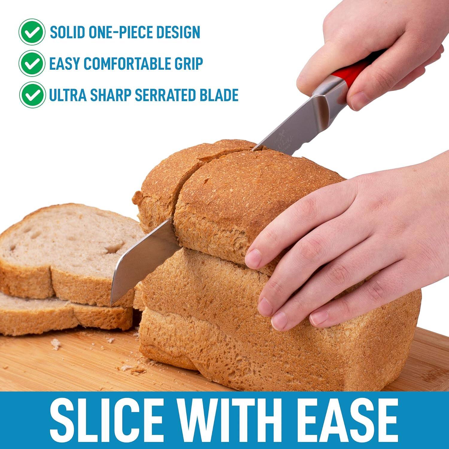 SOLID ONE-PIECE DESIGN  
EASY COMFORTABLE GRIP  
ULTRA SHARP SERRATED BLADE  

SLICE WITH EASE
