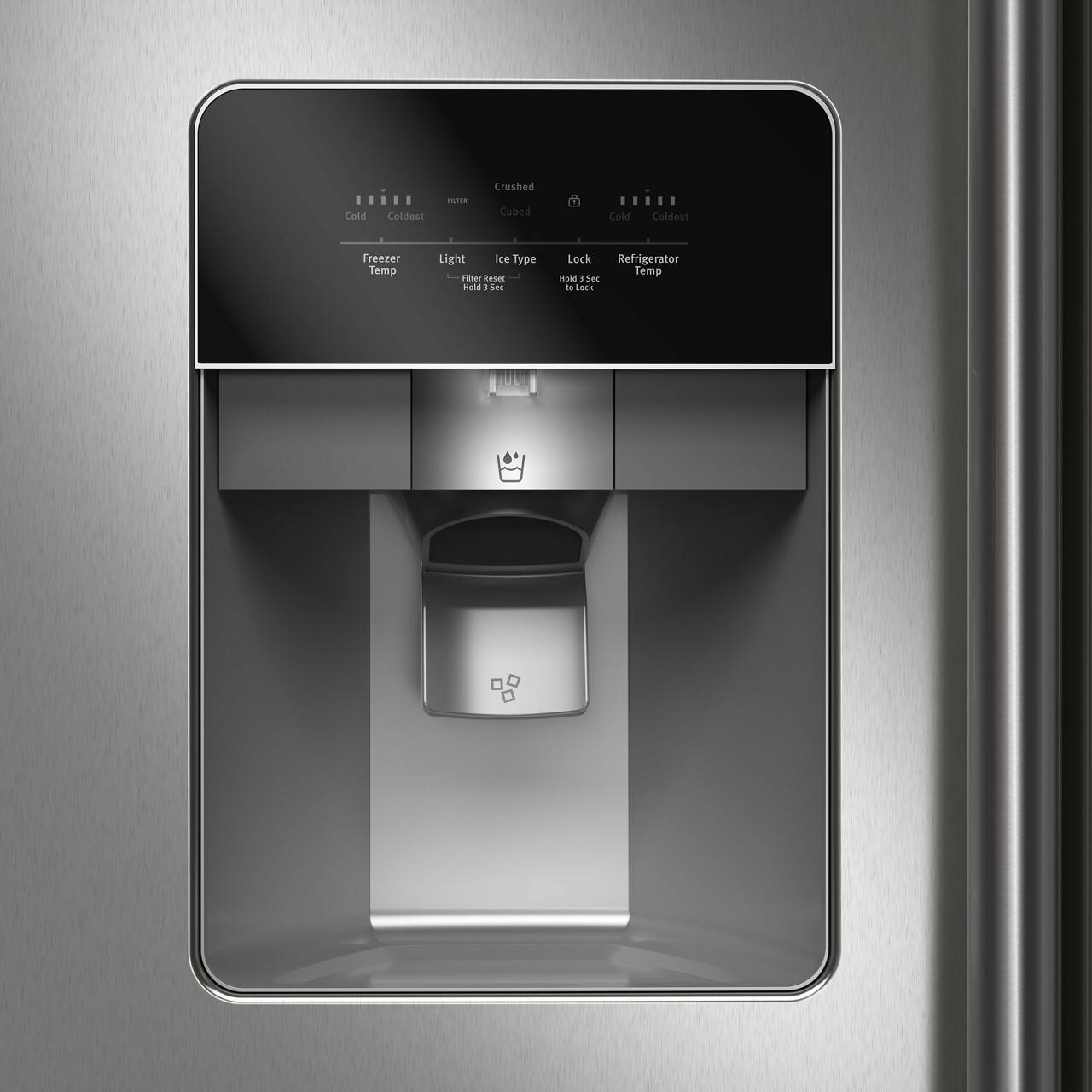 Sure, here is the corrected and grouped text:

- **Freezer Temp**
  - Cold
  - Coldest
  - Crushed
  - Cubed

- **Light**

- **Ice Type**

- **Filter Reset**

- **Refrigerator Temp**
  - Cold
  - Coldest

- **Lock**
  - Hold 3 Sec
  - 10 LOCK