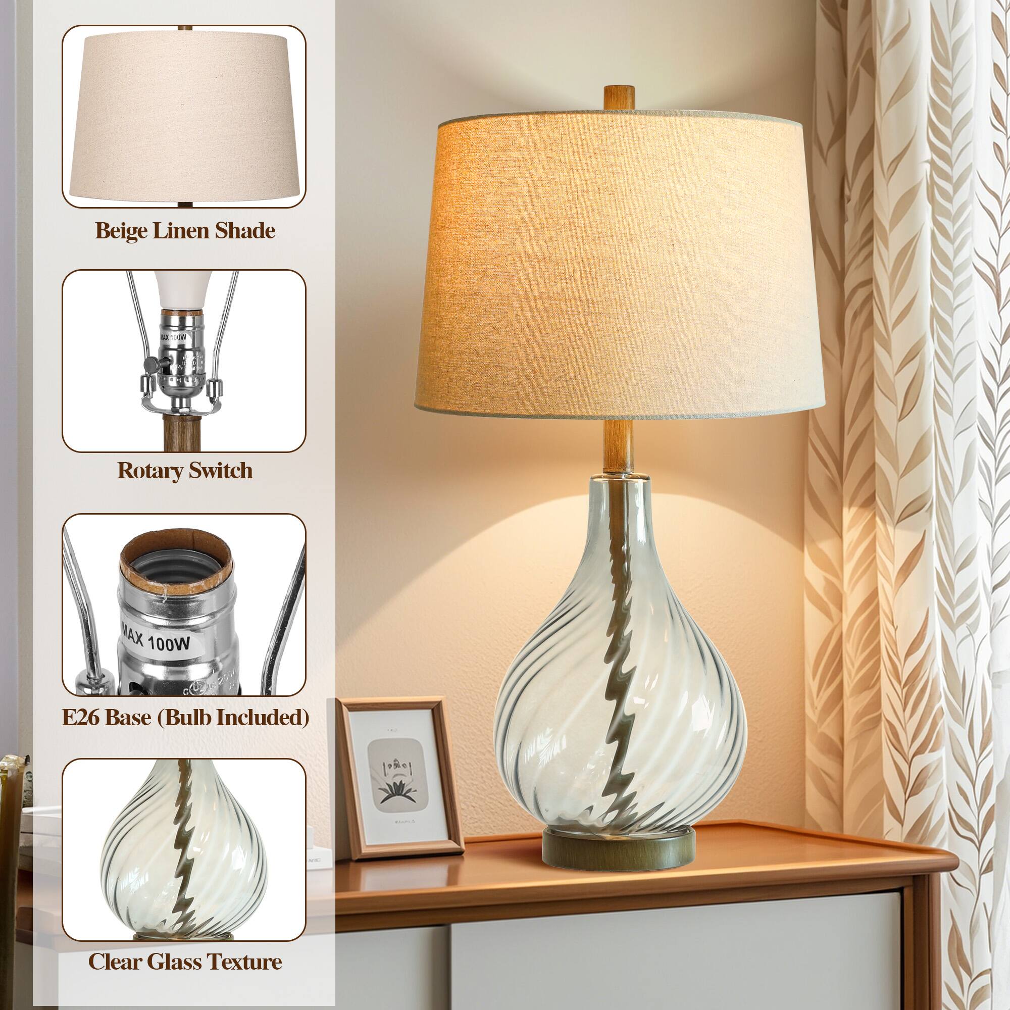 Beige Linen Shade  
Rotary Switch  
MAX 100W  
E26 Base (Bulb Included)  
11201  
MAPIC  
Clear Glass Texture