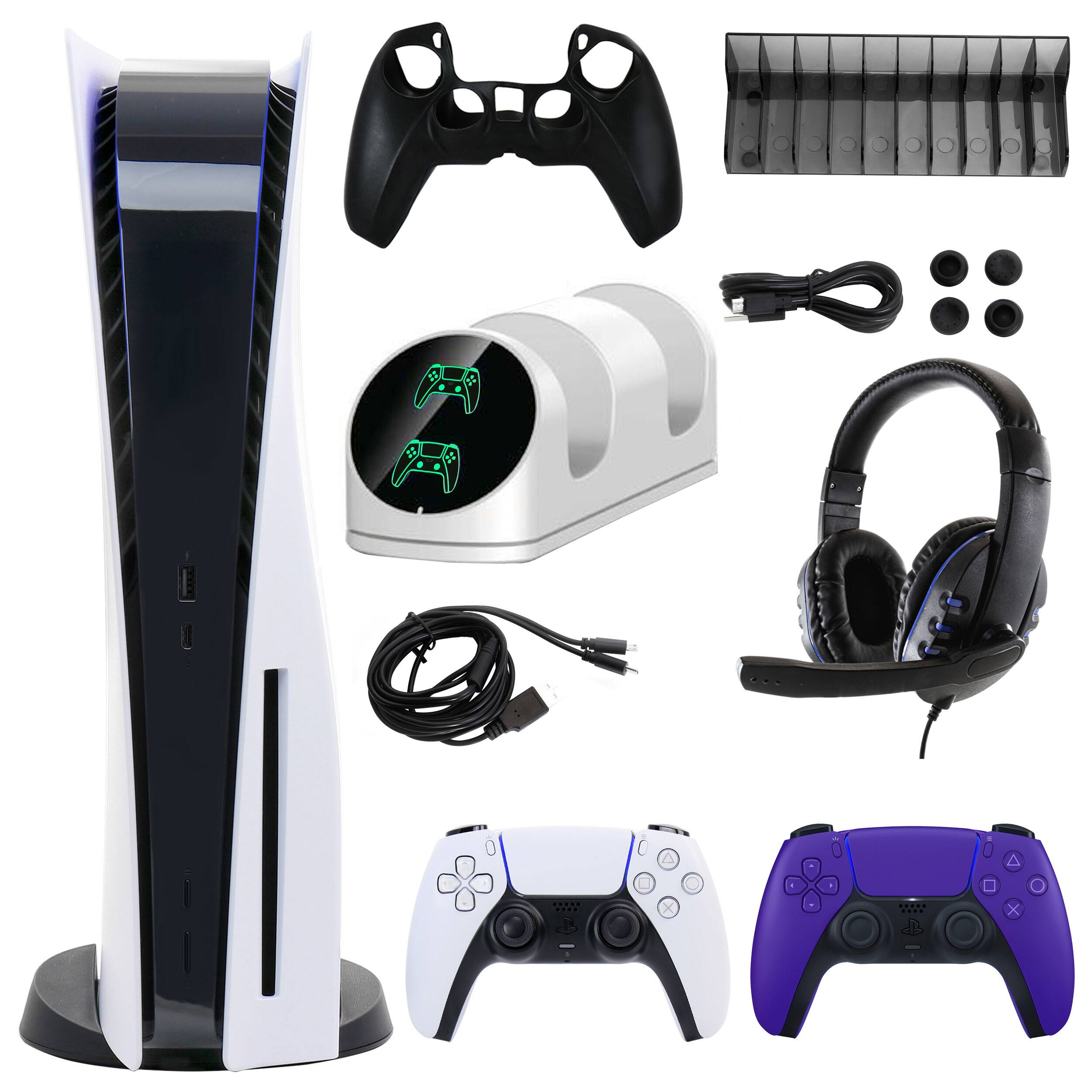 Front. Sony - PS5 Core with Extra Purple Dualsense Controller and Accessories Kit - White.
