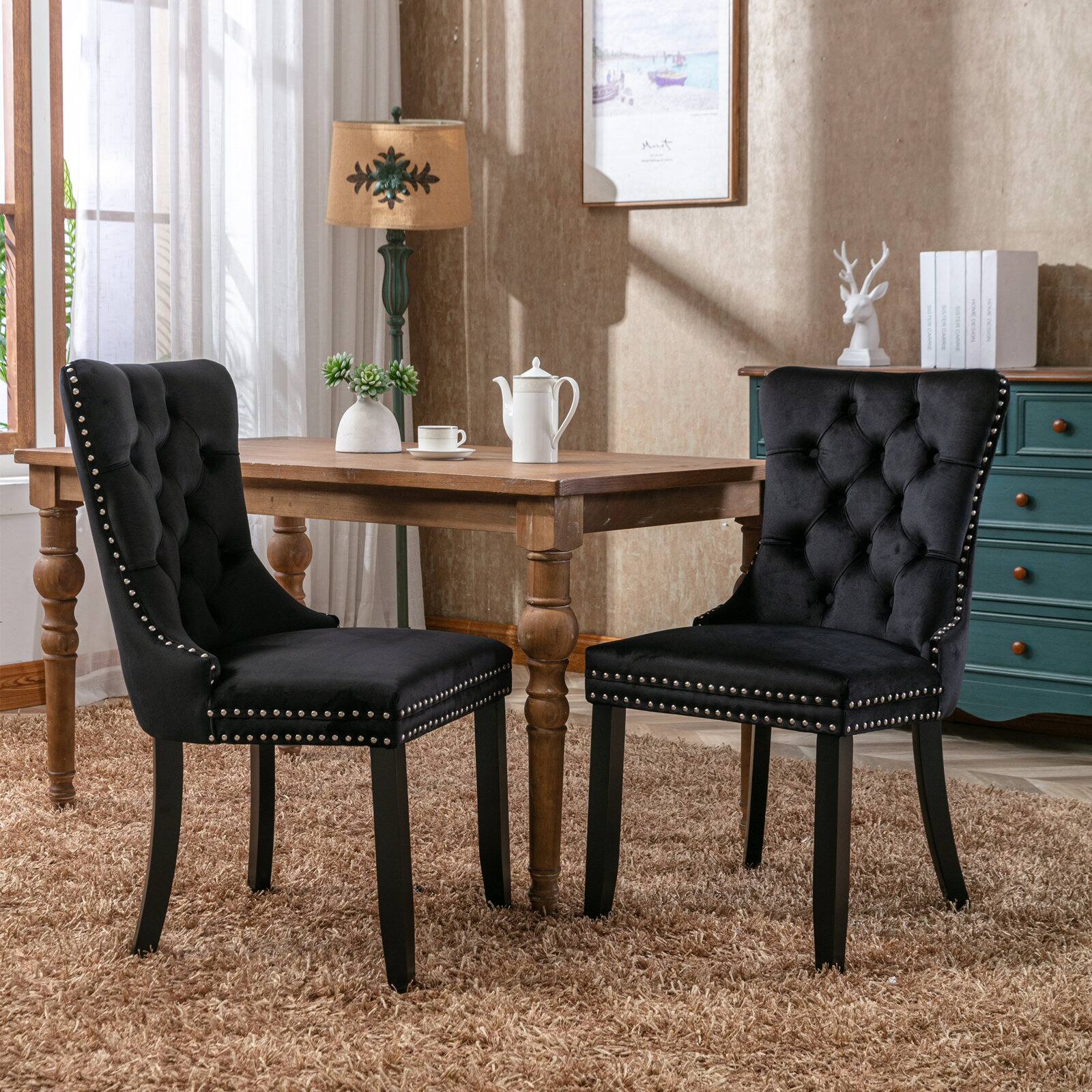 Z-Edge - Velvet Dining Chairs Set of 2, Upholstered High-end Tufted Dining Room Chair with Nailhead Back Ring Pull Trim Wood Legs - Black