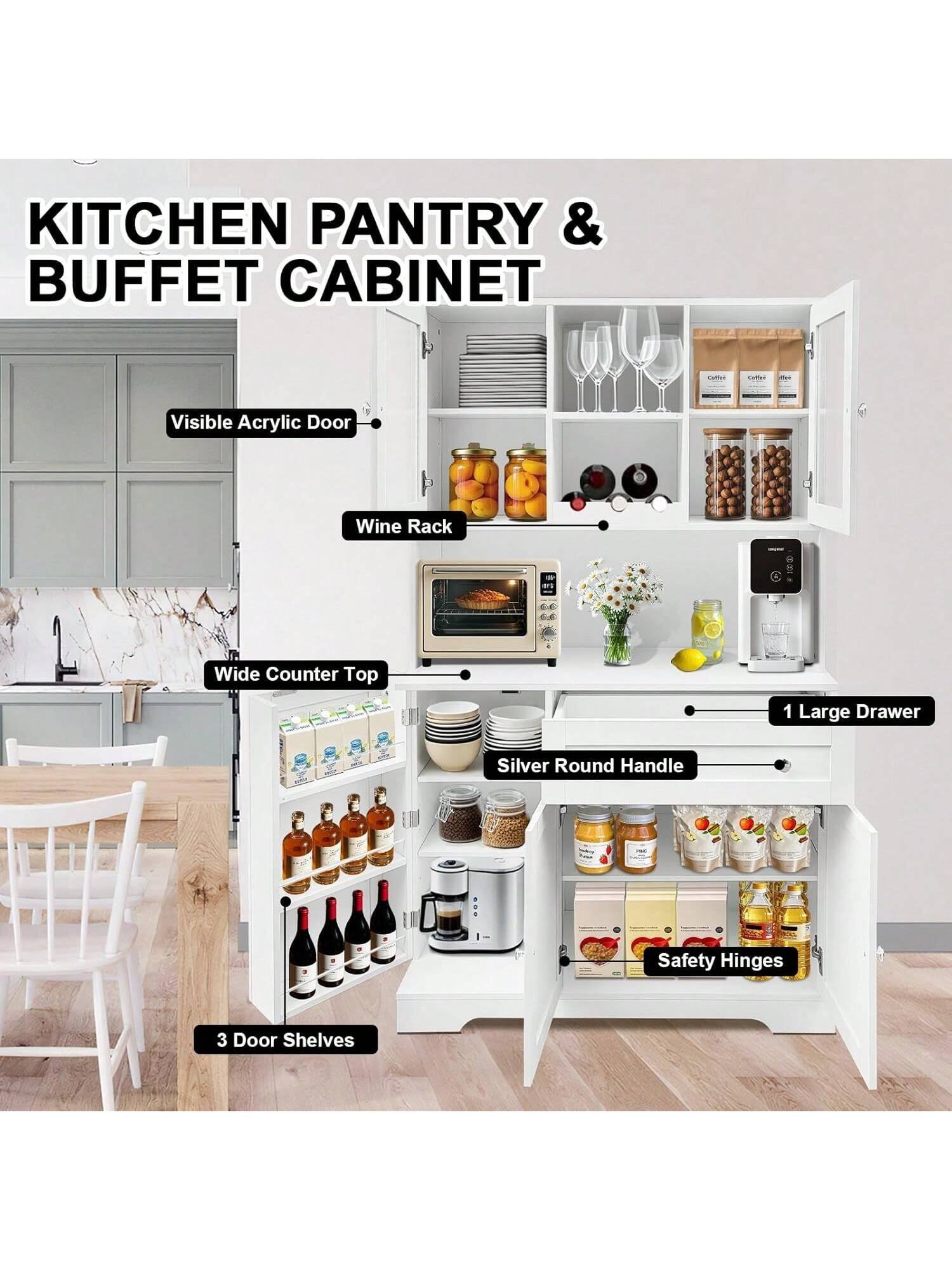KITCHEN PANTRY & BUFFET CABINET

- Visible Acrylic Door
- Wine Rack
- Wide Counter Top
- 1 Large Drawer
- Silver Round Handle
- Safety Hinges
- 3 Door Shelves