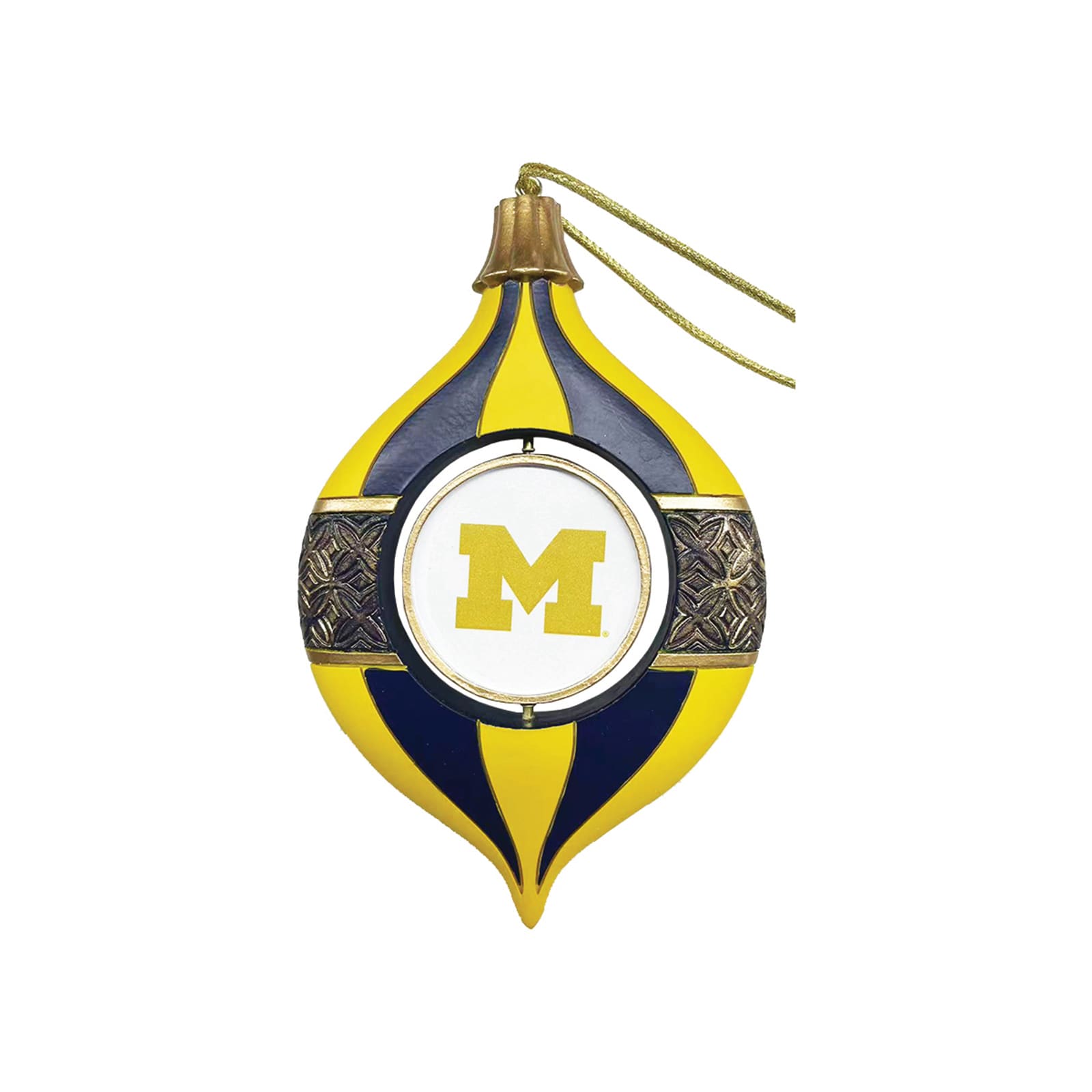 Front. Santa's Workshop - Michigan Wolverines Two-Piece 5.5" Spinning Bulb Ornament Set - Blue.