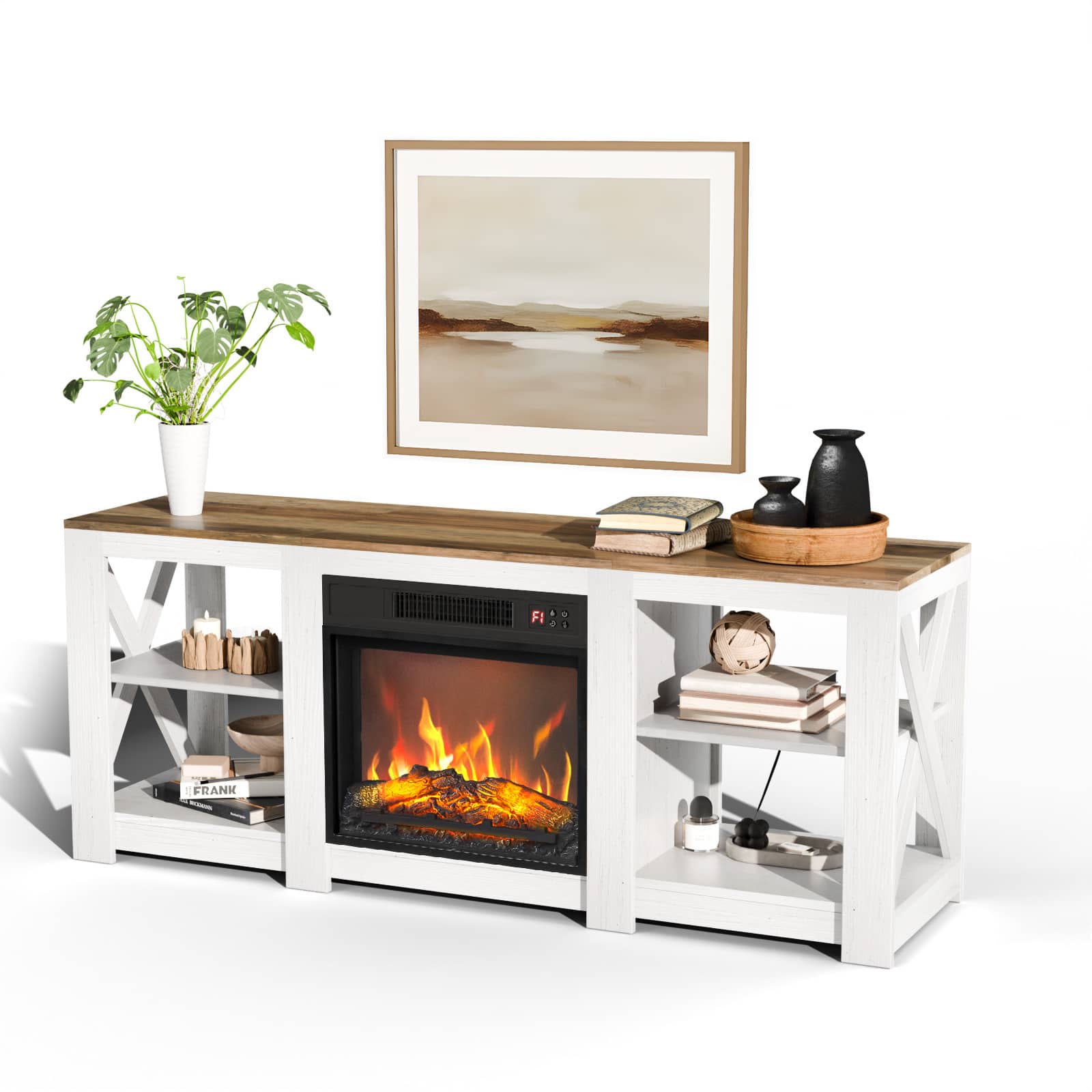 Chateau Abodes - 58" Fireplace TV Stand with Double-Sided Cross Design & 18" Fireplace Core - Washed White