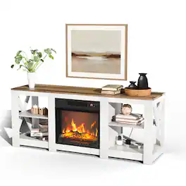 Chateau Abodes - 58" Fireplace TV Stand with Double-Sided Cross Design & 18" Fireplace Core - Washed White