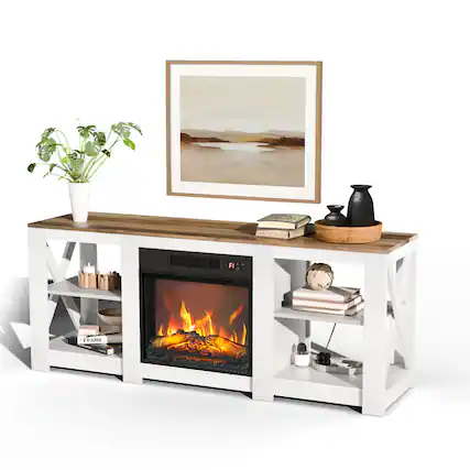 Front. Chateau Abodes - 58" Fireplace TV Stand with Double-Sided Cross Design & 18" Fireplace Core - Washed White.