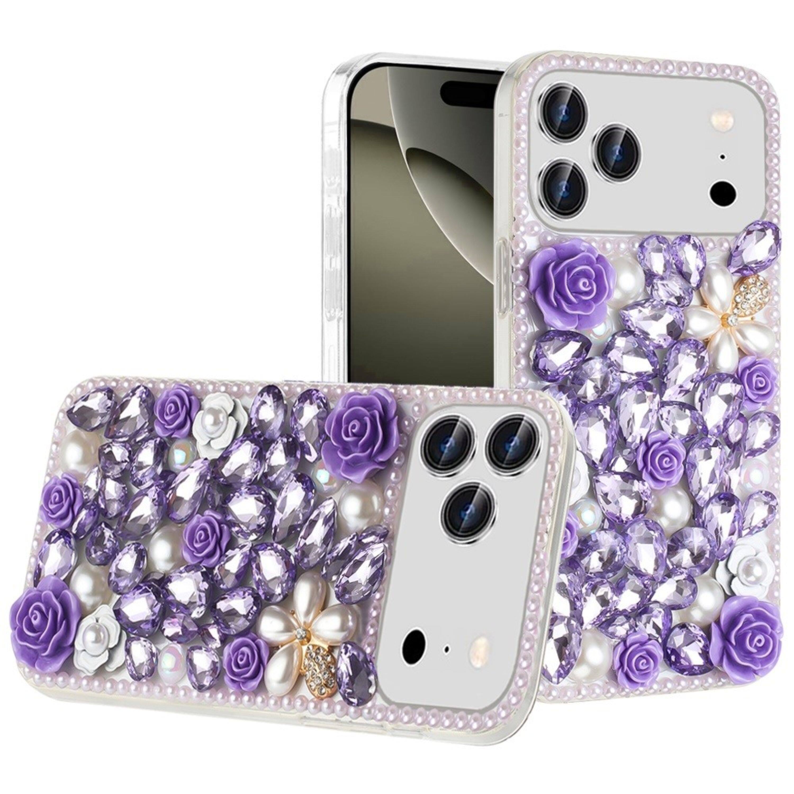 Front. Kitcheniva - Luxury 3D Rose Jewel Case With Tempered Glass For iPhone 17 Pro Purple - Purple.