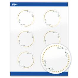 Avery - Labels, 3" Diameter, Glossy Green Florals/Gold Dots - White