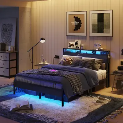 Bestier - Bed Frame Platform Bed with Storage Headboard LED Lights and Charging Station Queen - Black