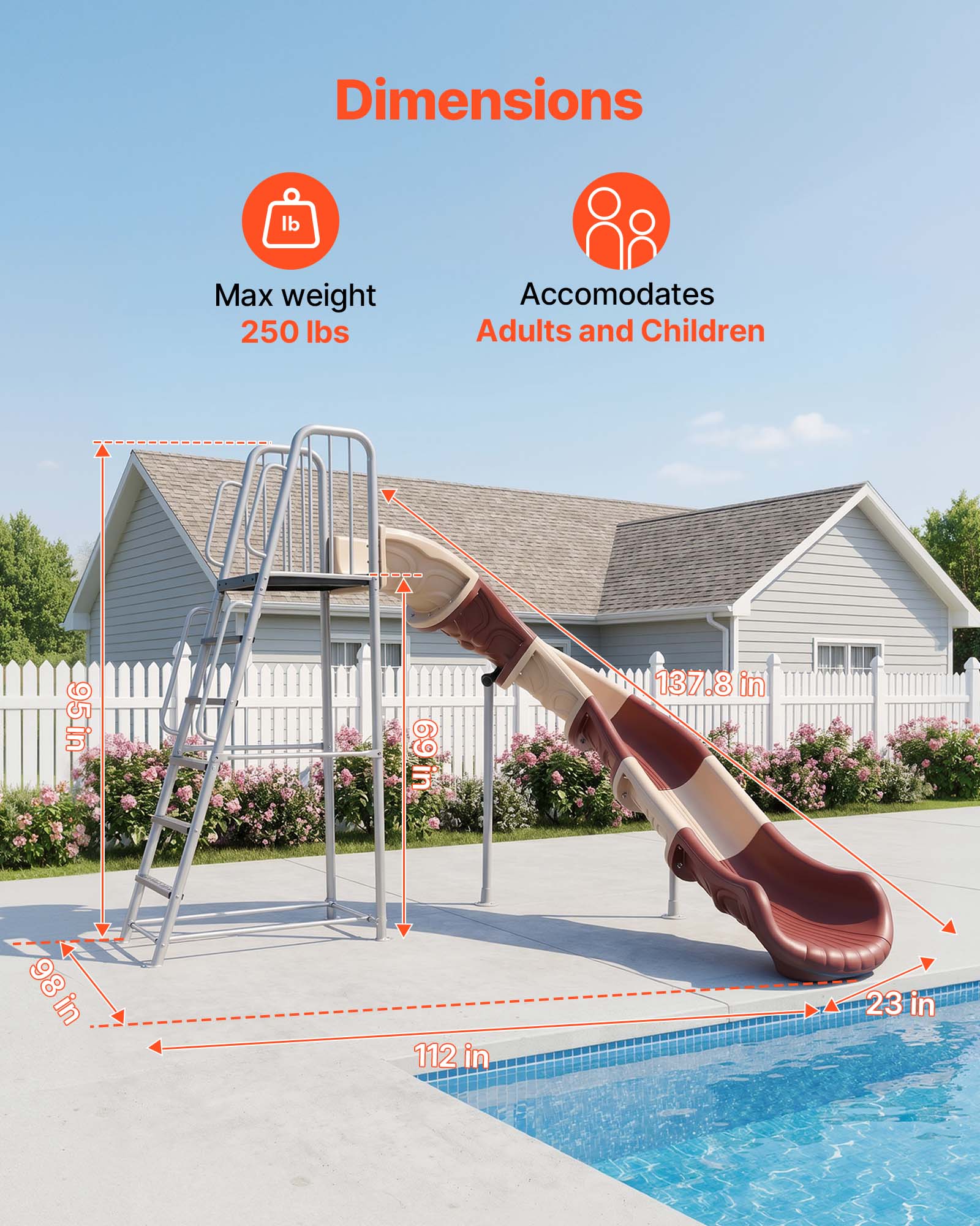 Dimensions  
Max weight: 250 lbs  
Accommodates: Adults and Children  
95 in  
69 in  
137.8 in  
98 in  
112 in  
23 in