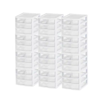 Front. Sterilite - Sterilite ClearView Plastic Small 3 Drawer Desktop Storage Unit, White, 12 Pack.