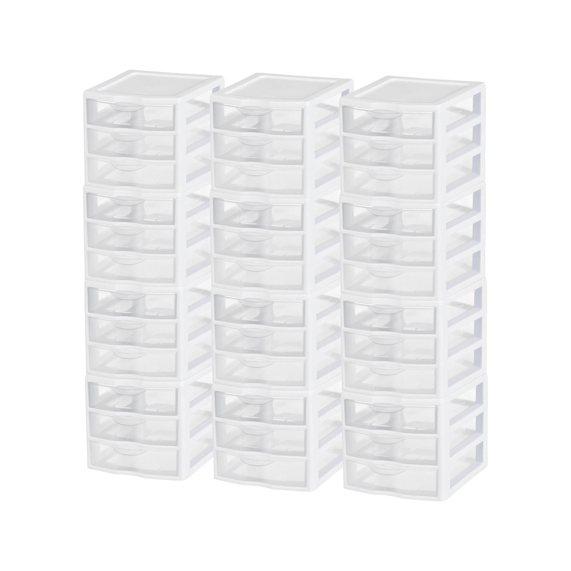 Front. Sterilite - Sterilite ClearView Plastic Small 3 Drawer Desktop Storage Unit, White, 12 Pack.