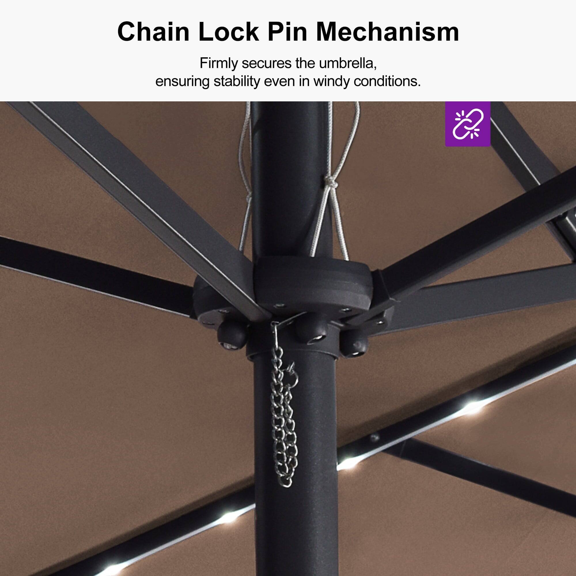 Chain Lock Pin Mechanism  
Firmly secures the umbrella, ensuring stability even in windy conditions.