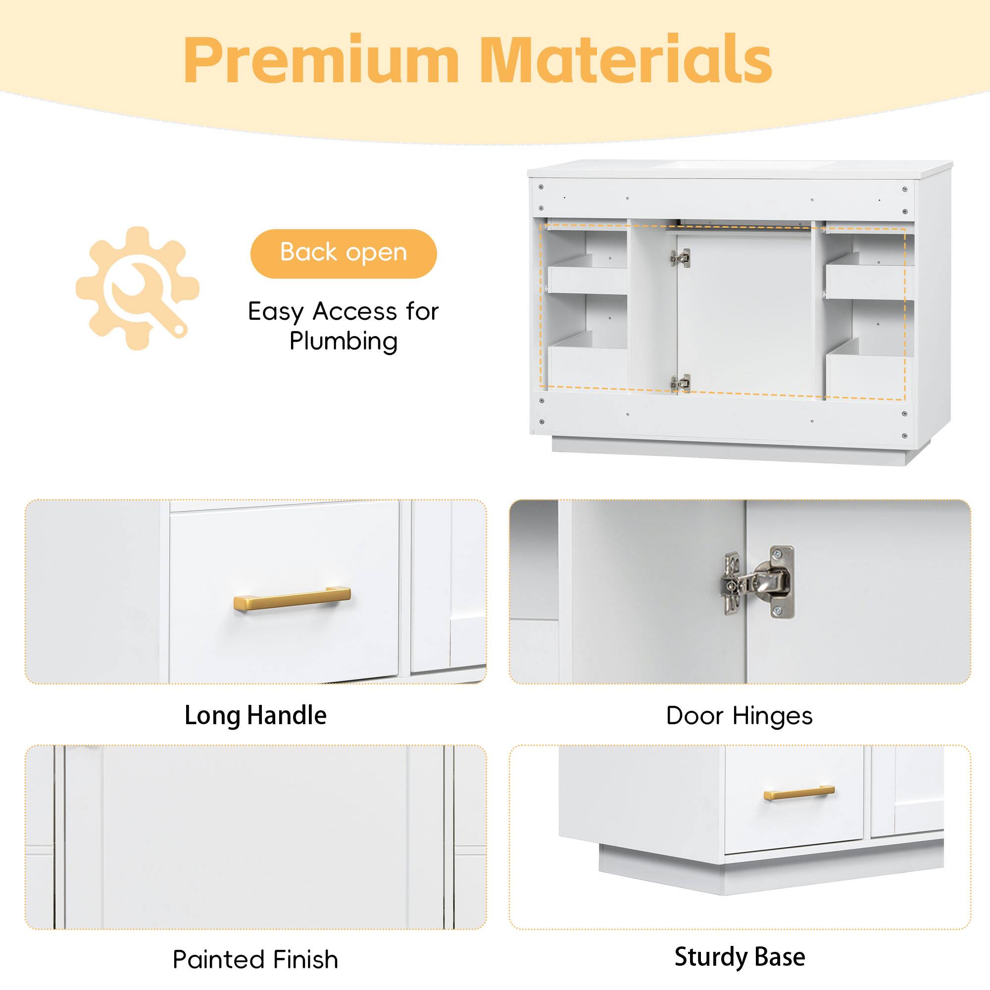 Premium Materials  
- Back open  
- Easy Access for Plumbing  
- Long Handle  
- Door Hinges  
- Painted Finish  
- Sturdy Base