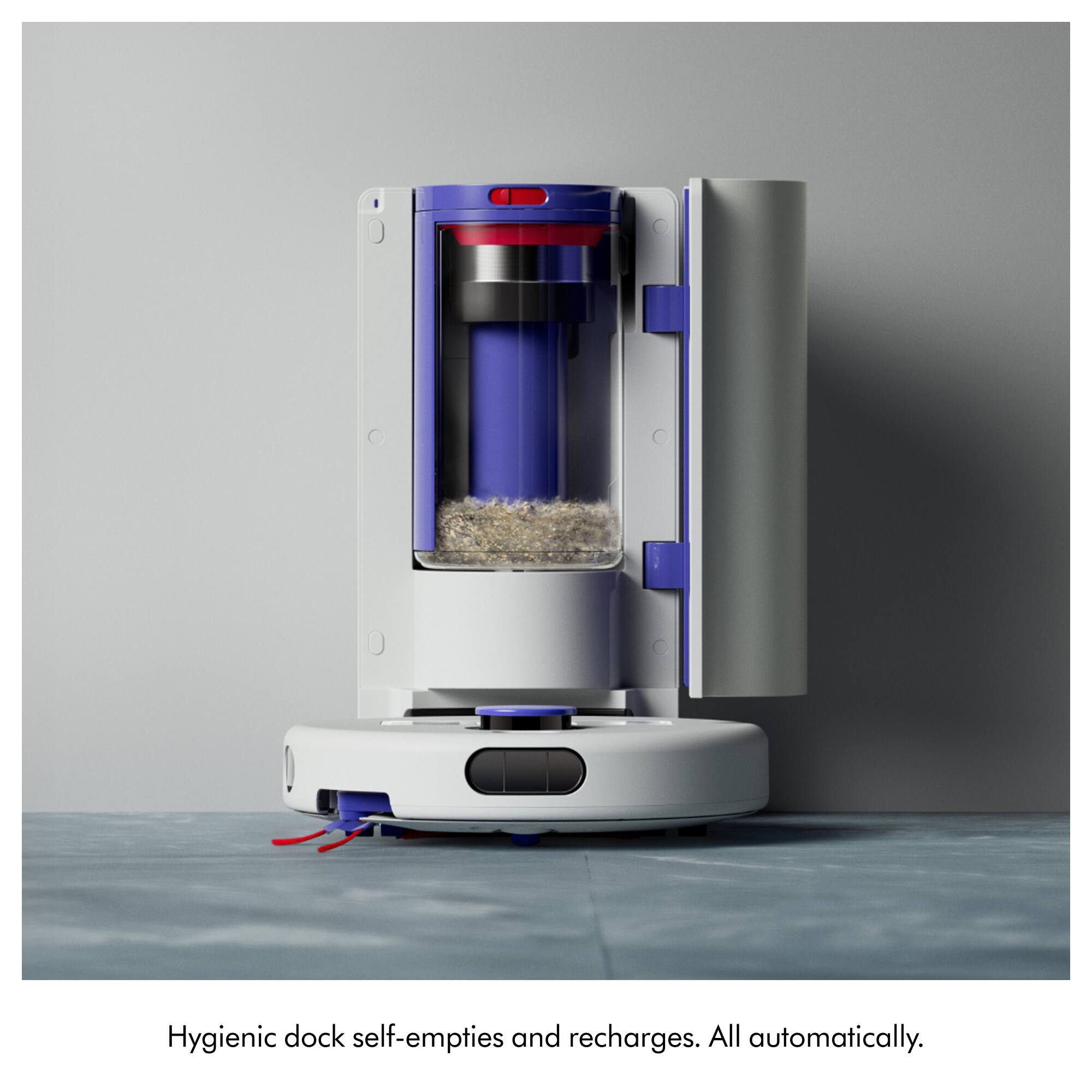 Hygienic dock self-empties and recharges. All automatically.