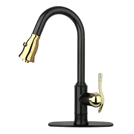 Front. Akicon - Akicon Solid Brass Single Handle Kitchen Faucet with Pull Down Sprayer in Matte Black & Gold - Matte Black & Gold.