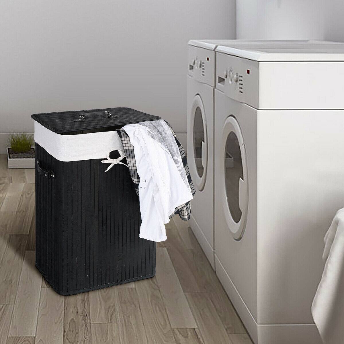 Alt View 11. Costway - Rectangle Bamboo Hamper Laundry Basket Washing Cloth Bin Rangier Lid Black - Black/White.