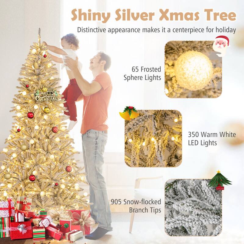 Shiny Silver Xmas Tree  
Distinctive appearance makes it a centerpiece for holiday  

65 Frosted Sphere Lights  
350 Warm White LED Lights  
905 Snow-flocked Branch Tips